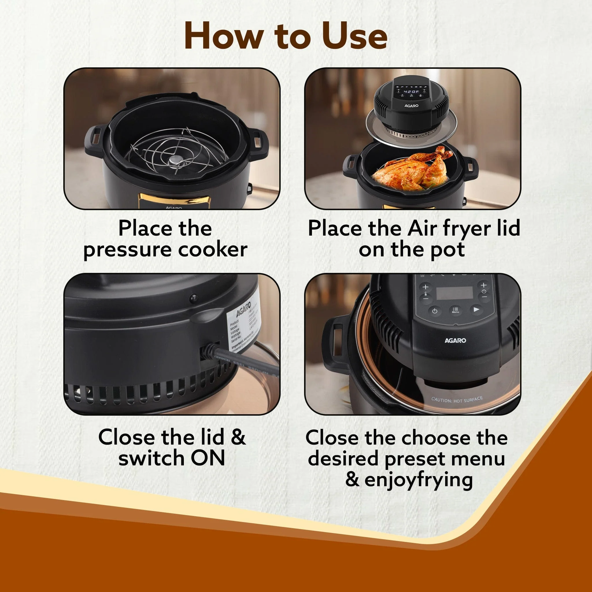Imperial Pot Lid Air Fryer, 7-in-1 Electric Air Fry, Crisp, Broil, Bake In 5L, 6L and 8L Pressure Cooker/ Metal Pots/ Rice Cooker, 7 Preset Menu, 1000W, Home & Kitchen - Image 5