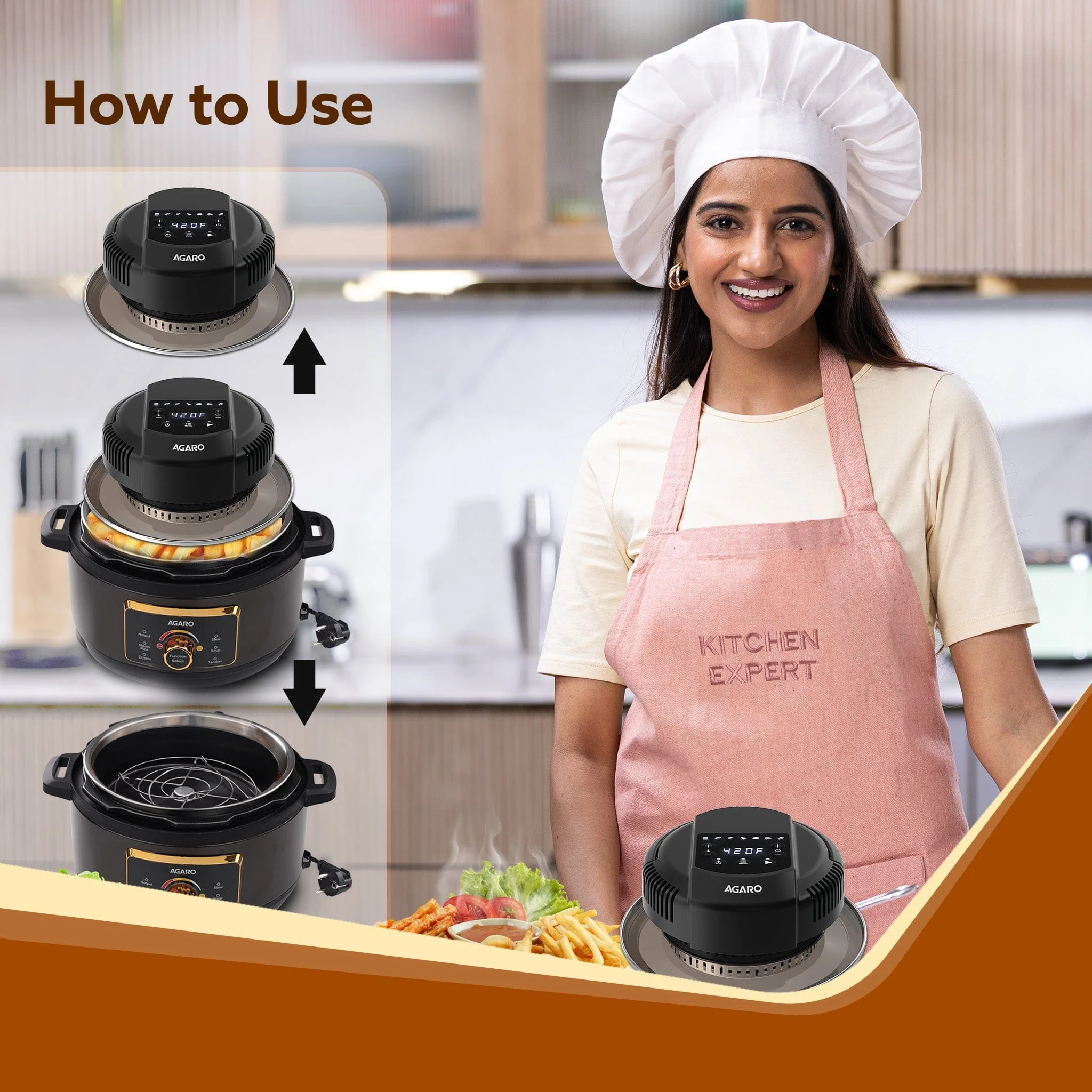 Imperial Pot Lid Air Fryer, 7-in-1 Electric Air Fry, Crisp, Broil, Bake In 5L, 6L and 8L Pressure Cooker/ Metal Pots/ Rice Cooker, 7 Preset Menu, 1000W, Home & Kitchen - Image 6