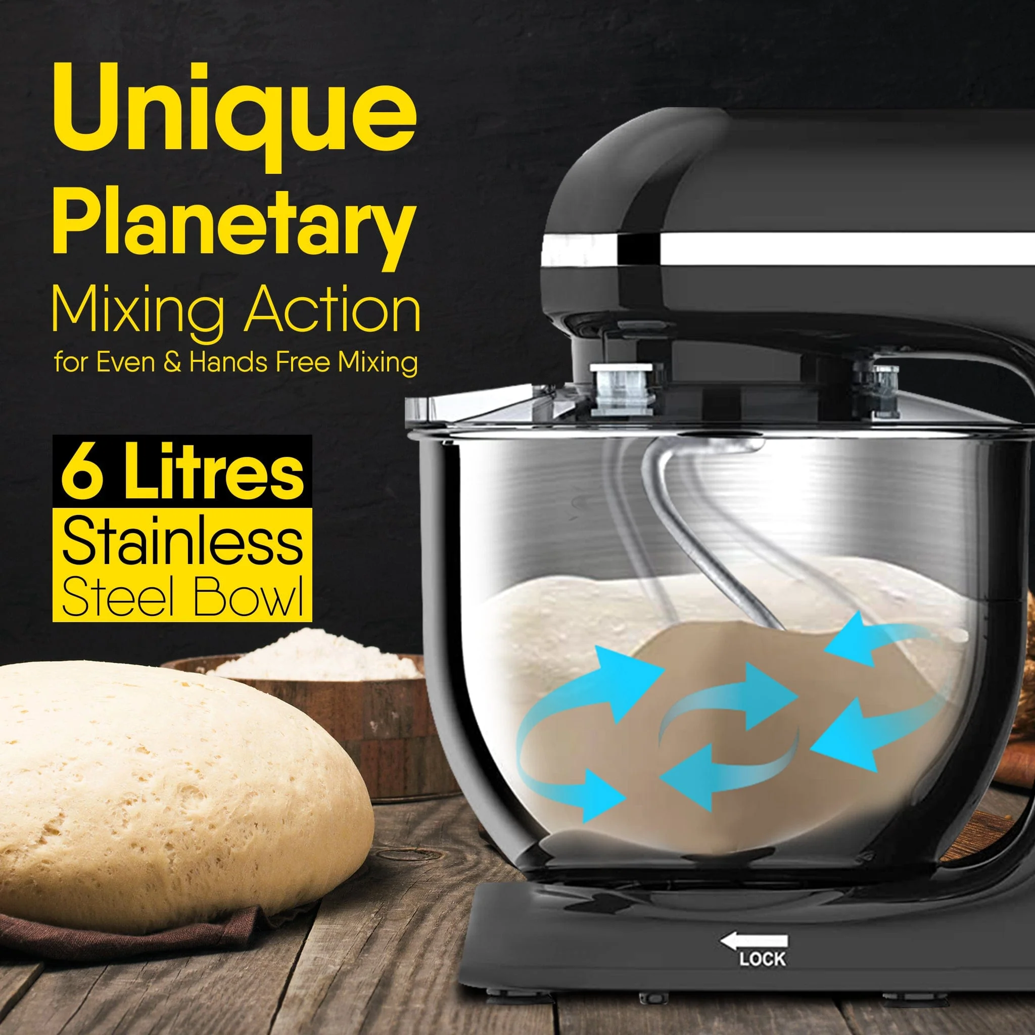 Imperial Stand Mixer,1400W with 6L SS Bowl, 1.5L Blending Jar, 100% Copper Motor, Includes Blending Jar, Whisker, Beater, Black - Image 3