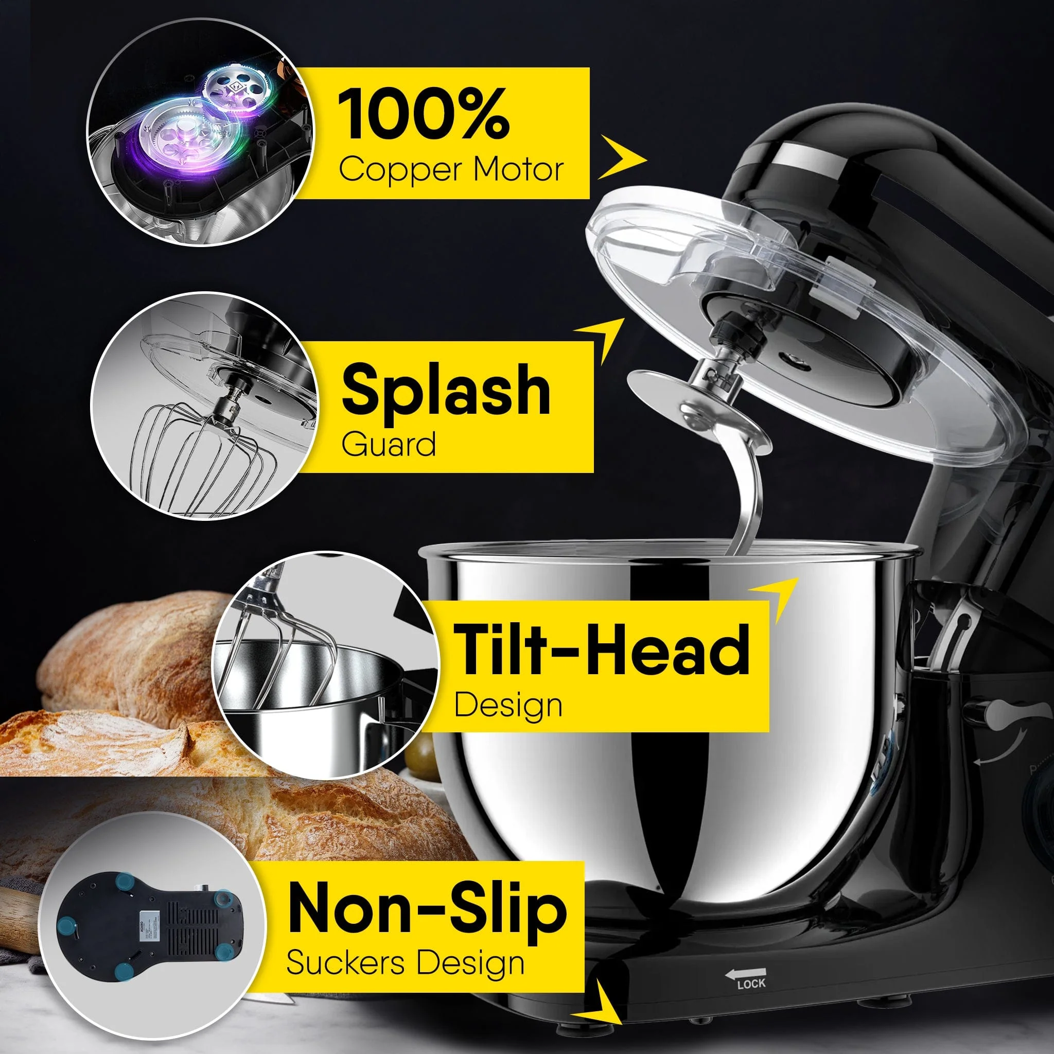 Imperial Stand Mixer,1400W with 6L SS Bowl, 1.5L Blending Jar, 100% Copper Motor, Includes Blending Jar, Whisker, Beater, Black - Image 4