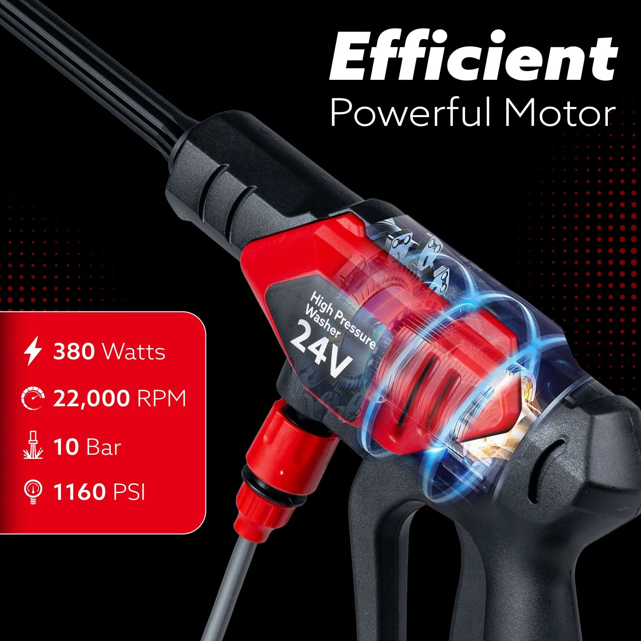 Marvel Cordless High Pressure Washer Gun | 24V Rechargeable Battery (2 x 1500mAh) | 110–240V | 10 Bar | 6-in-1 Adjustable Nozzle | 5M Hose Pipe | Car & Bike Wash | Premium Build with Cloth - Image 3