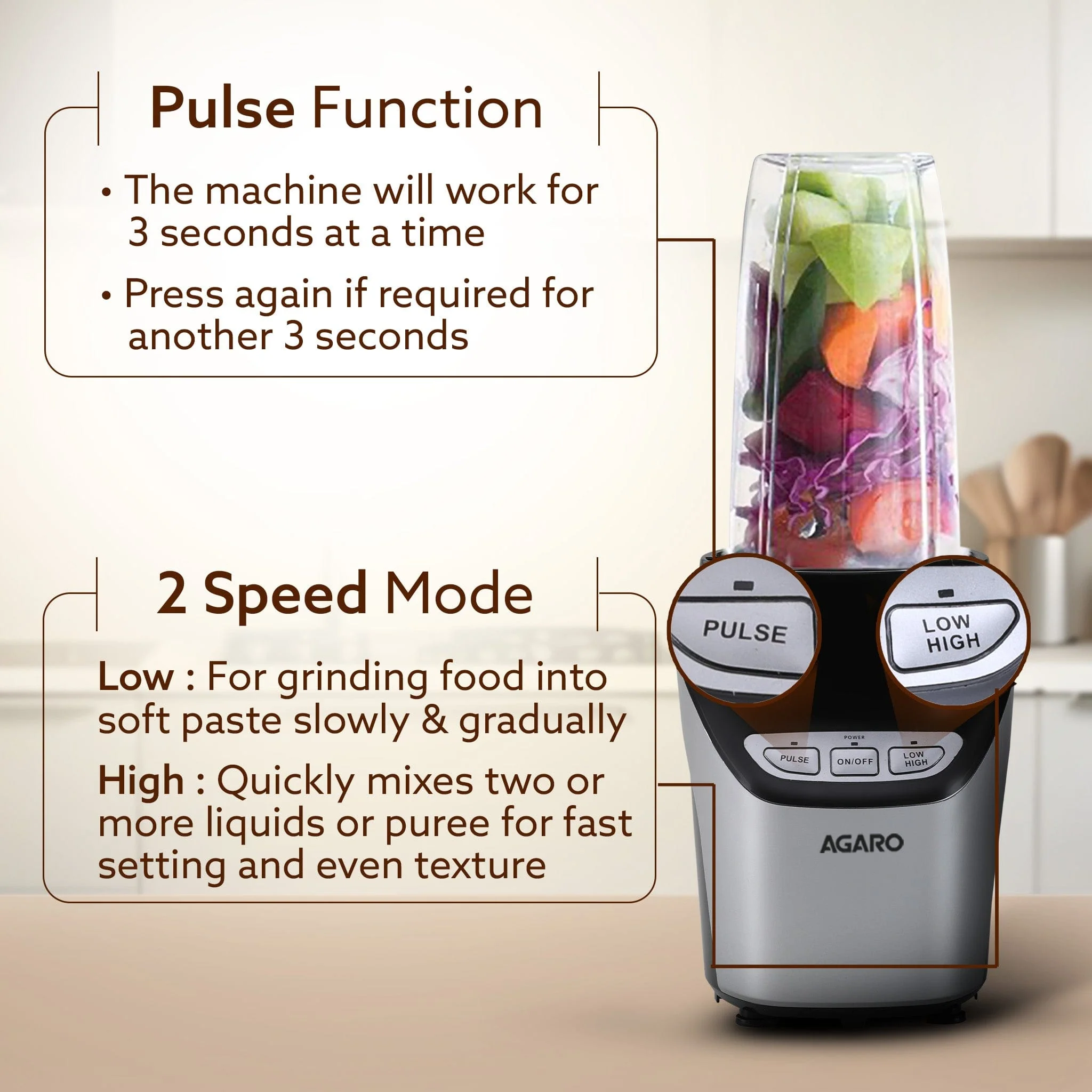 Marvel Nutri Blender, BPA Free 2 Tritan Jars, 1000W, 100% Copper Motor, 2 Speed Modes with Pulse, Detachable Base, Stainless Steel Blades, Blend, Mix, Grind, Smoothie, Juice Maker, Black - Image 4