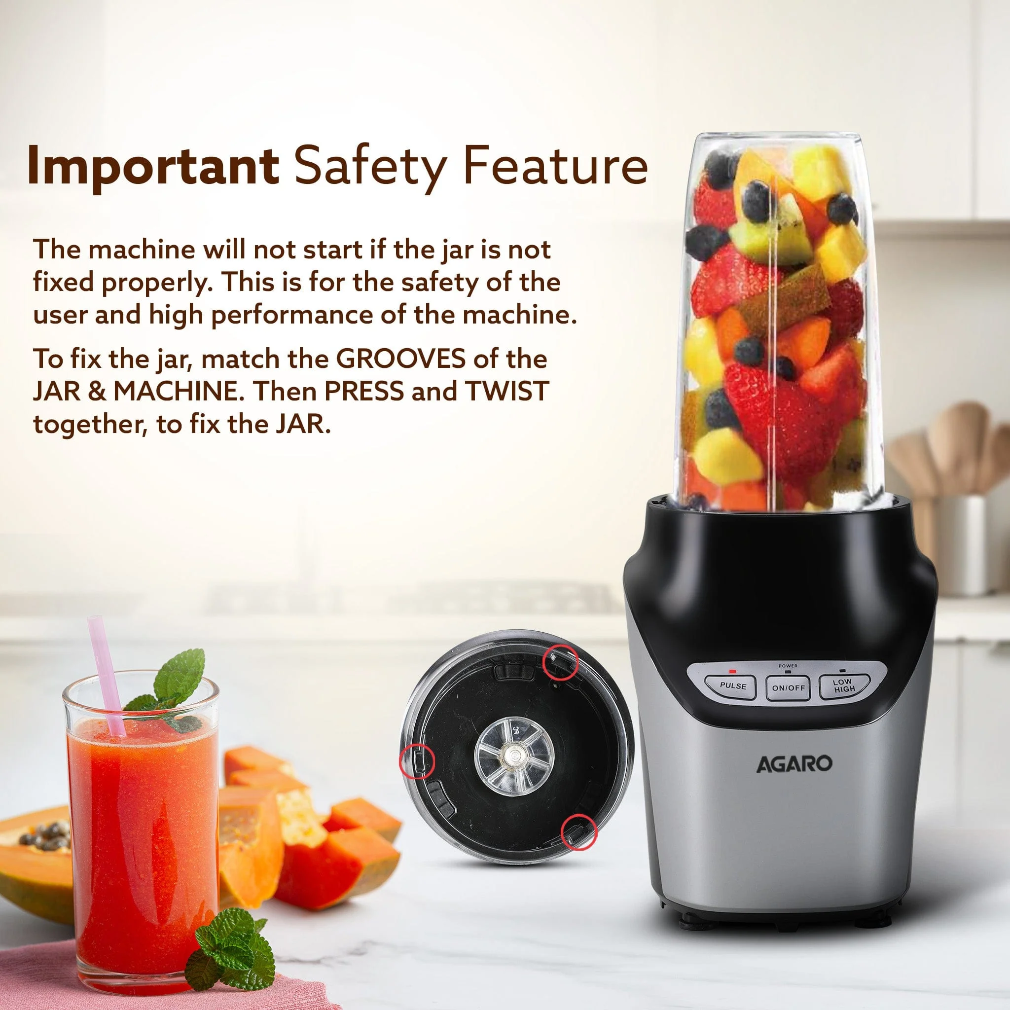 Marvel Nutri Blender, BPA Free 2 Tritan Jars, 1000W, 100% Copper Motor, 2 Speed Modes with Pulse, Detachable Base, Stainless Steel Blades, Blend, Mix, Grind, Smoothie, Juice Maker, Black - Image 5