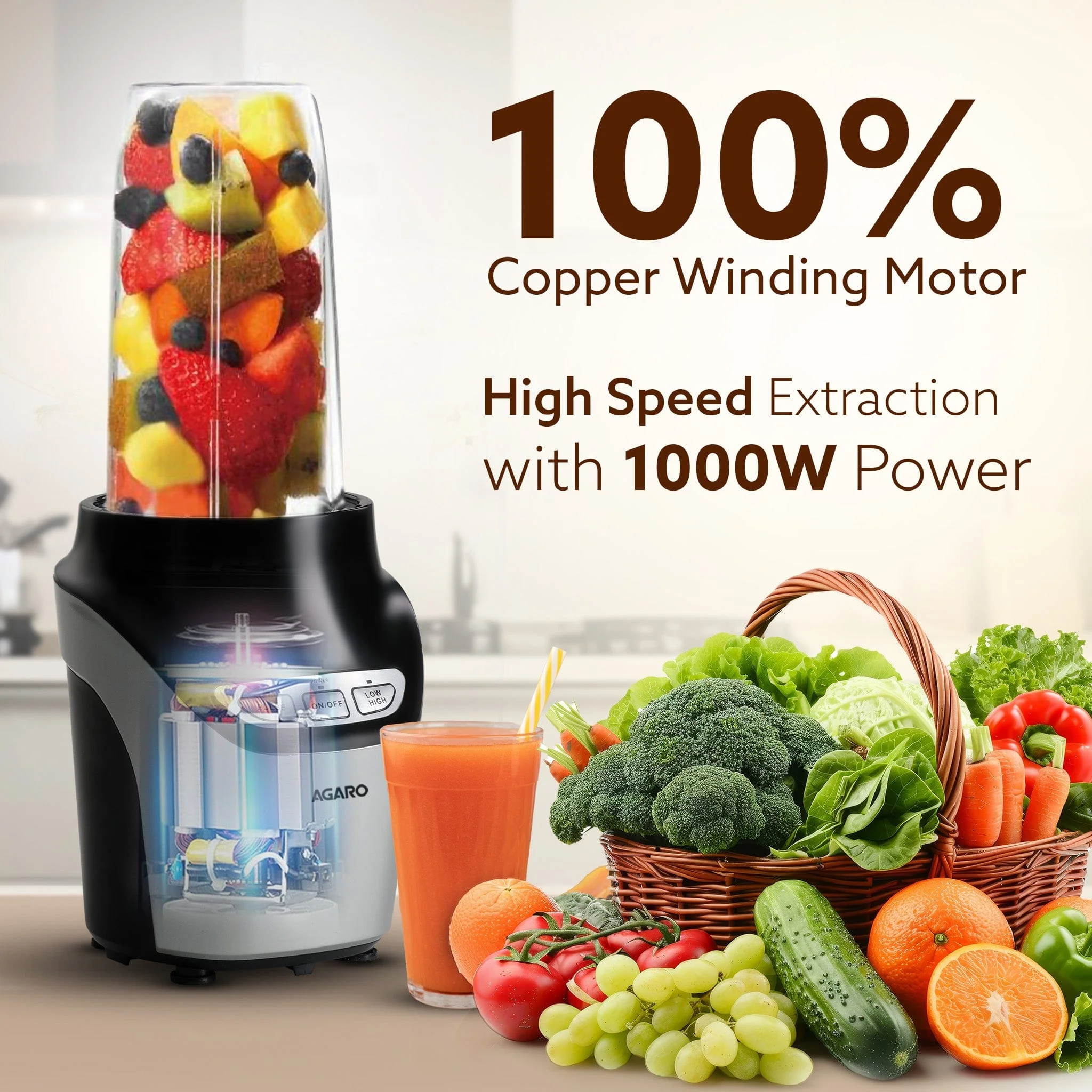 Marvel Nutri Blender, BPA Free 2 Tritan Jars, 1000W, 100% Copper Motor, 2 Speed Modes with Pulse, Detachable Base, Stainless Steel Blades, Blend, Mix, Grind, Smoothie, Juice Maker, Black - Image 6