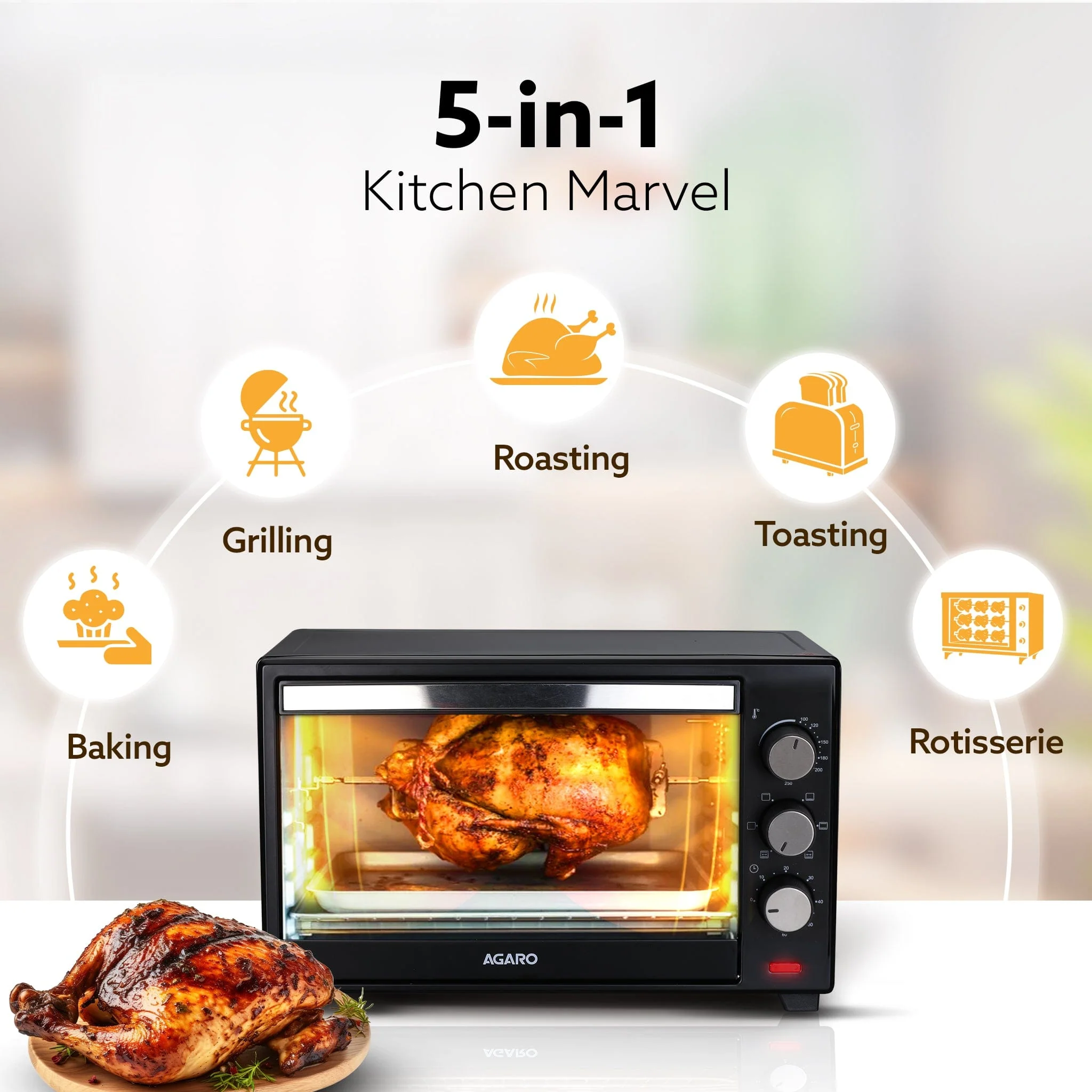 Marvel Oven Toaster Griller, 25 Litres, Motorised Rotisserie, Adjustable Temperature, 5 Heating Modes & Timer, CakeBaking, Roasting,Grilling,OTG (Black) - Image 4