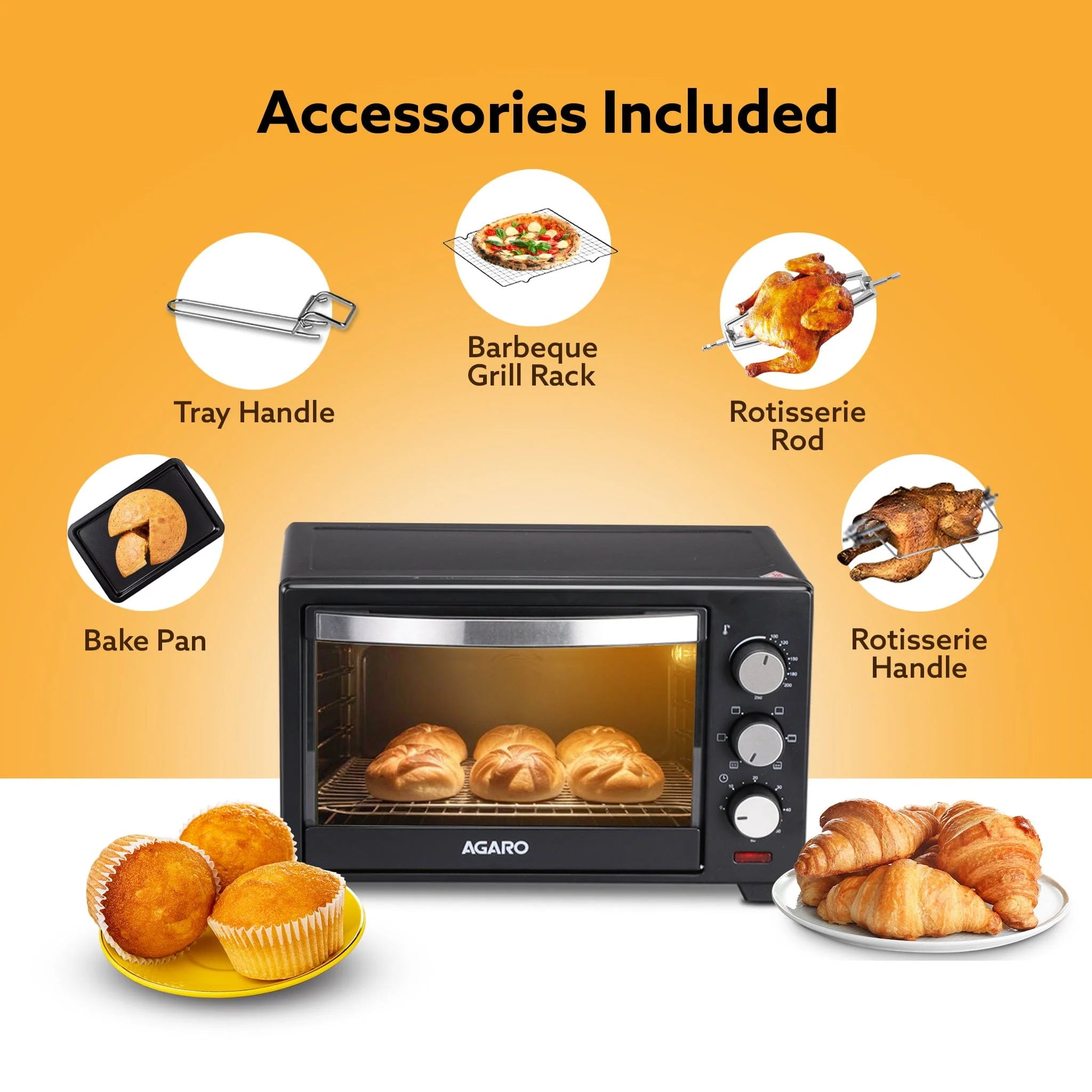 Marvel Oven Toaster Griller, 25 Litres, Motorised Rotisserie, Adjustable Temperature, 5 Heating Modes & Timer, CakeBaking, Roasting,Grilling,OTG (Black) - Image 5
