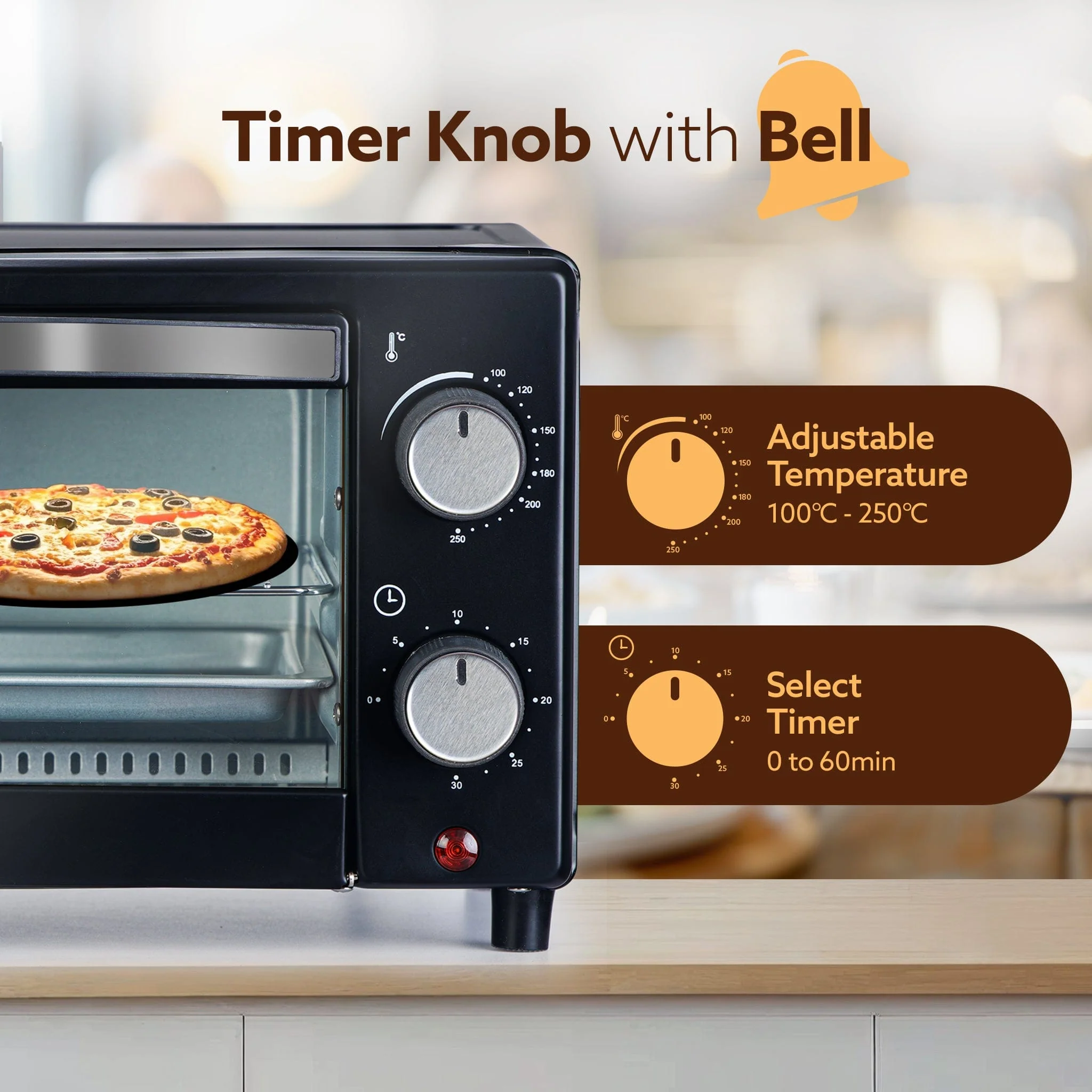 Marvel 9L OTG Oven 800W, Compact Toaster Griller for Baking, Toasting & Grilling, Adjustable 100°C-250°C, 30-Min Timer with Ready Bell, Auto Shut-Off, Tempered Glass Door, Bake Pan, Tong & Rack - Image 3