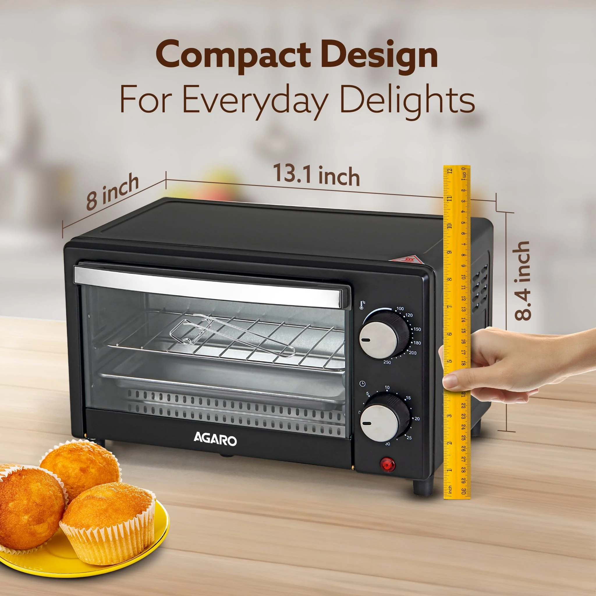 Marvel 9L OTG Oven 800W, Compact Toaster Griller for Baking, Toasting & Grilling, Adjustable 100°C-250°C, 30-Min Timer with Ready Bell, Auto Shut-Off, Tempered Glass Door, Bake Pan, Tong & Rack - Image 6