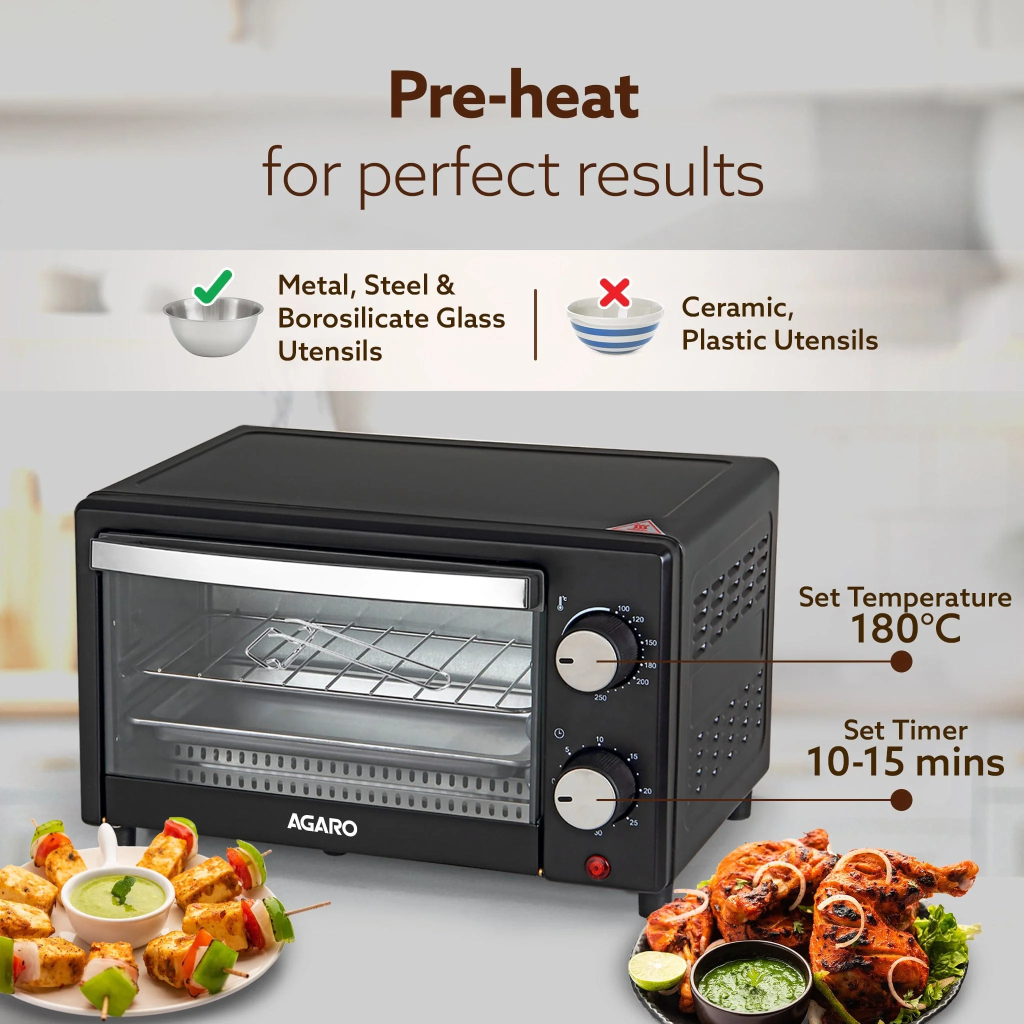 Marvel 9L OTG Oven 800W, Compact Toaster Griller for Baking, Toasting & Grilling, Adjustable 100°C-250°C, 30-Min Timer with Ready Bell, Auto Shut-Off, Tempered Glass Door, Bake Pan, Tong & Rack - Image 7
