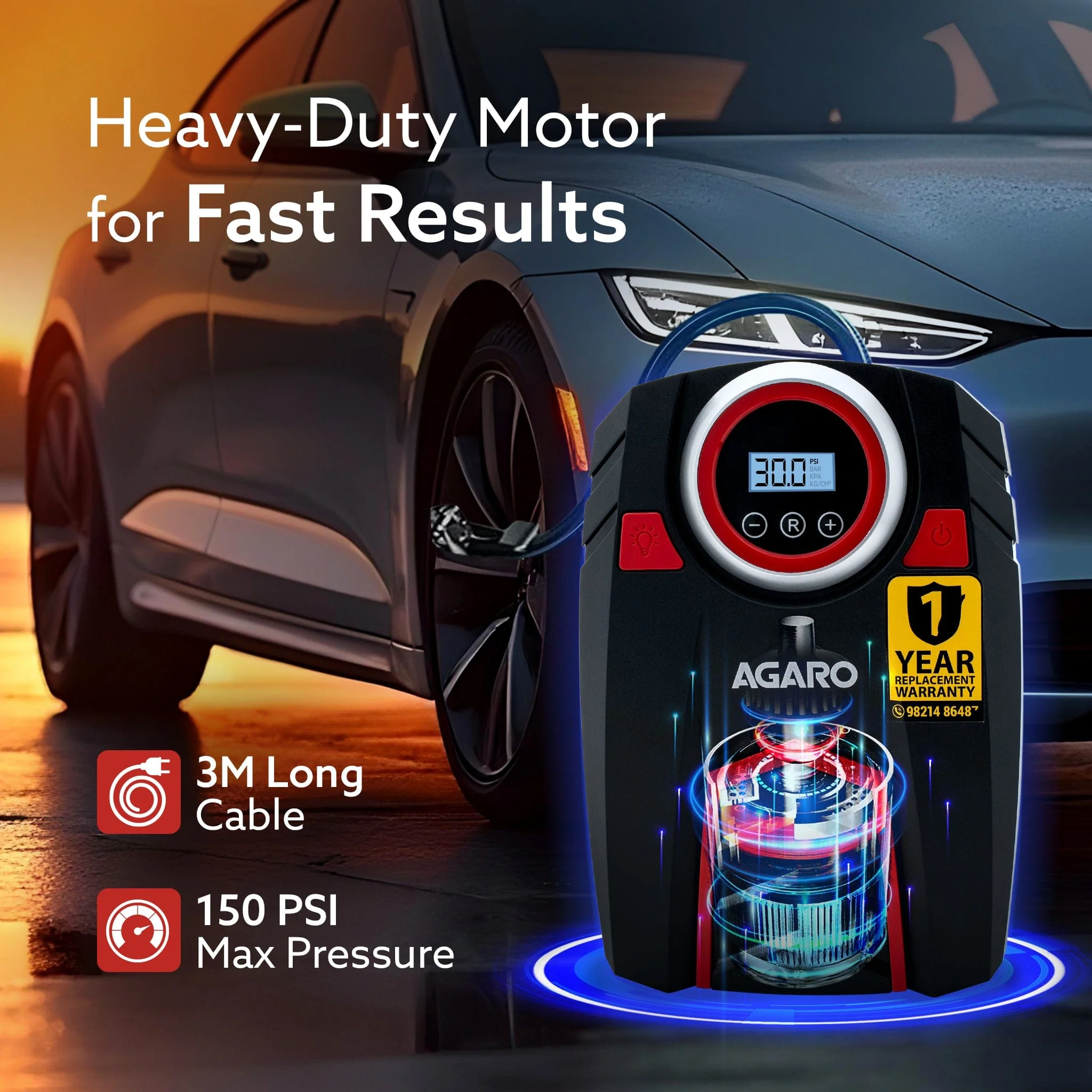 Marvel Tyre inflator, for Cars, 12V, Upto 150 PSI, 120 W Powerful Motor, Up to 3M Long Cable, Digital Display, Multiple Nozzles - Image 4