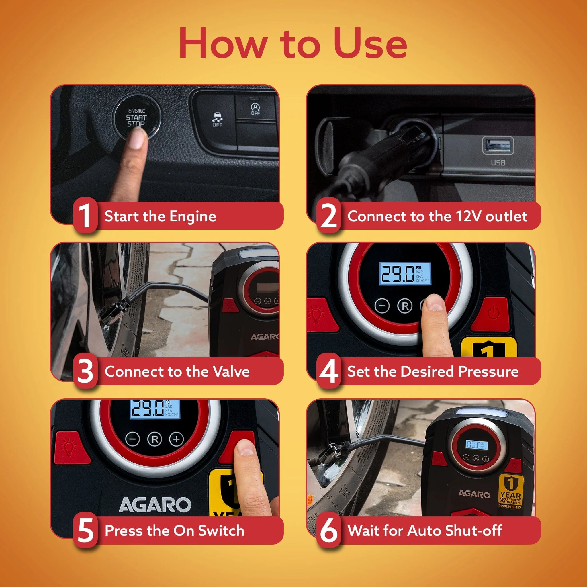 Marvel Tyre inflator, for Cars, 12V, Upto 150 PSI, 120 W Powerful Motor, Up to 3M Long Cable, Digital Display, Multiple Nozzles - Image 6