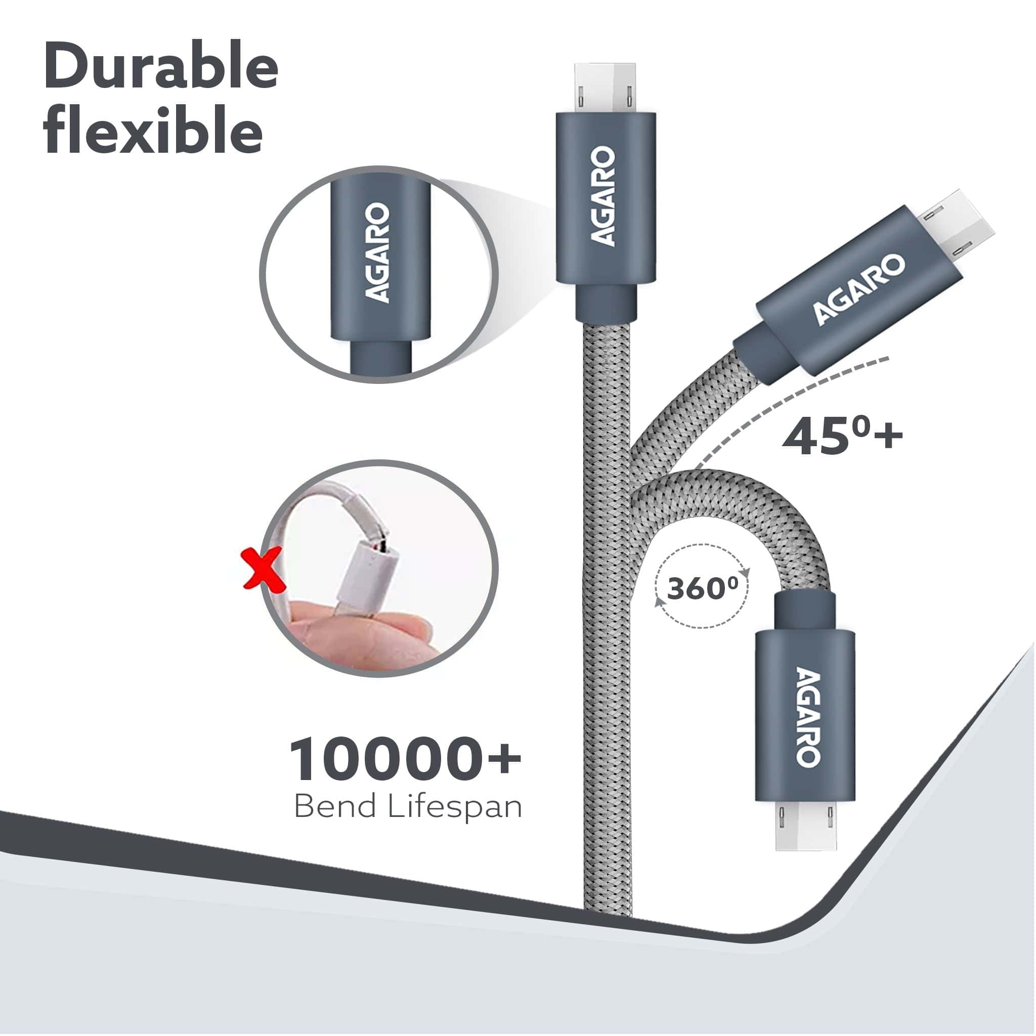 Micro Usb Charging & Data Tough Nylon Braided Cable For Android Smartphones 1.0 Meters, Grey, 1M - Image 3
