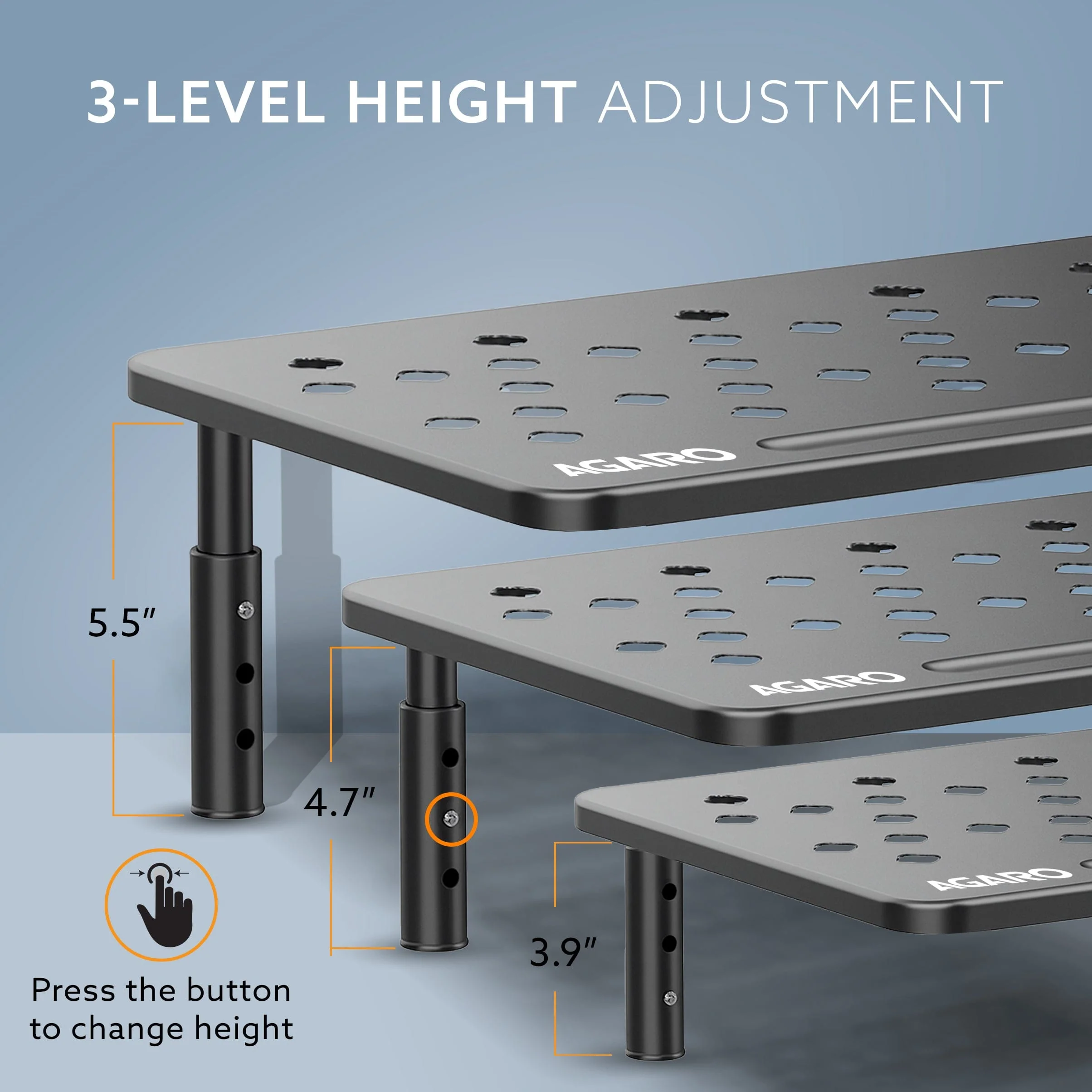 Monitor Stand for Desk, Laptop Stand & PC Riser, 3-Level Height Adjustable, Compatible with 24”, 27”, 29” & 32” Monitors, Laptop, CPU, Printer, Heavy-Duty Steel with Anti-Skid Pads, Black - Image 3