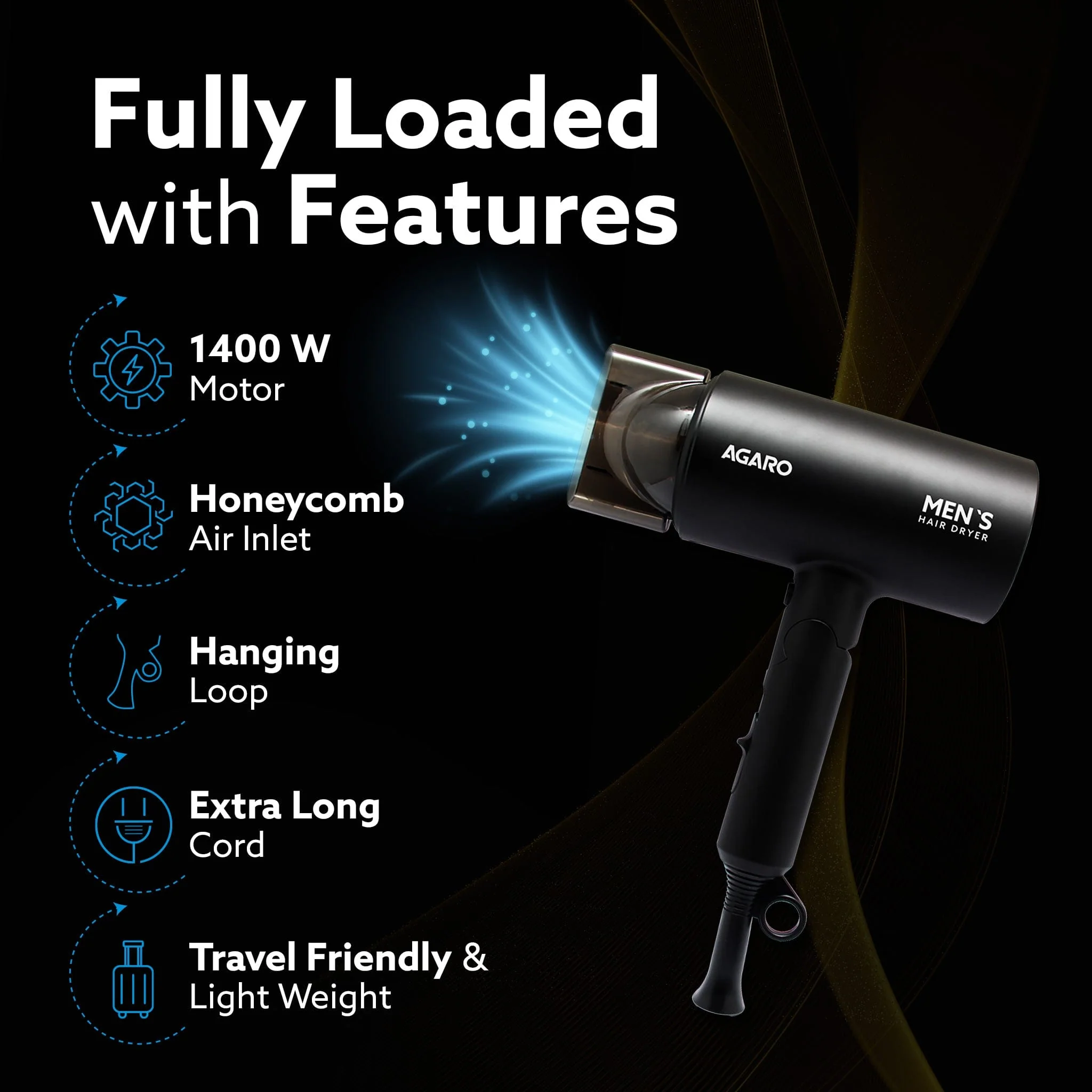 Premium Hair Dryer for Men with 1400 Watts Motor, 3 Temperature Settings & Cool Shot Button- Black - Image 3