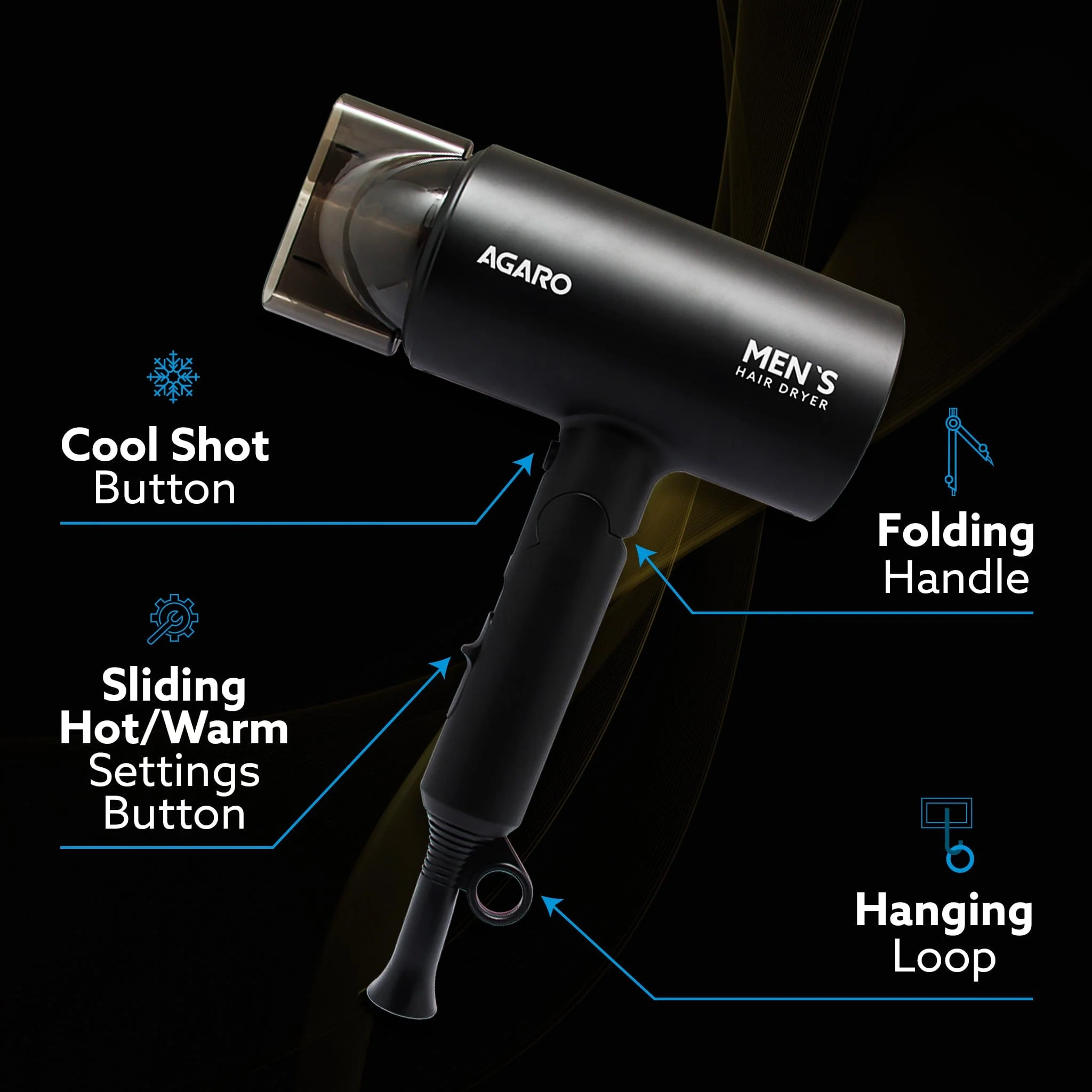Premium Hair Dryer for Men with 1400 Watts Motor, 3 Temperature Settings & Cool Shot Button- Black - Image 5