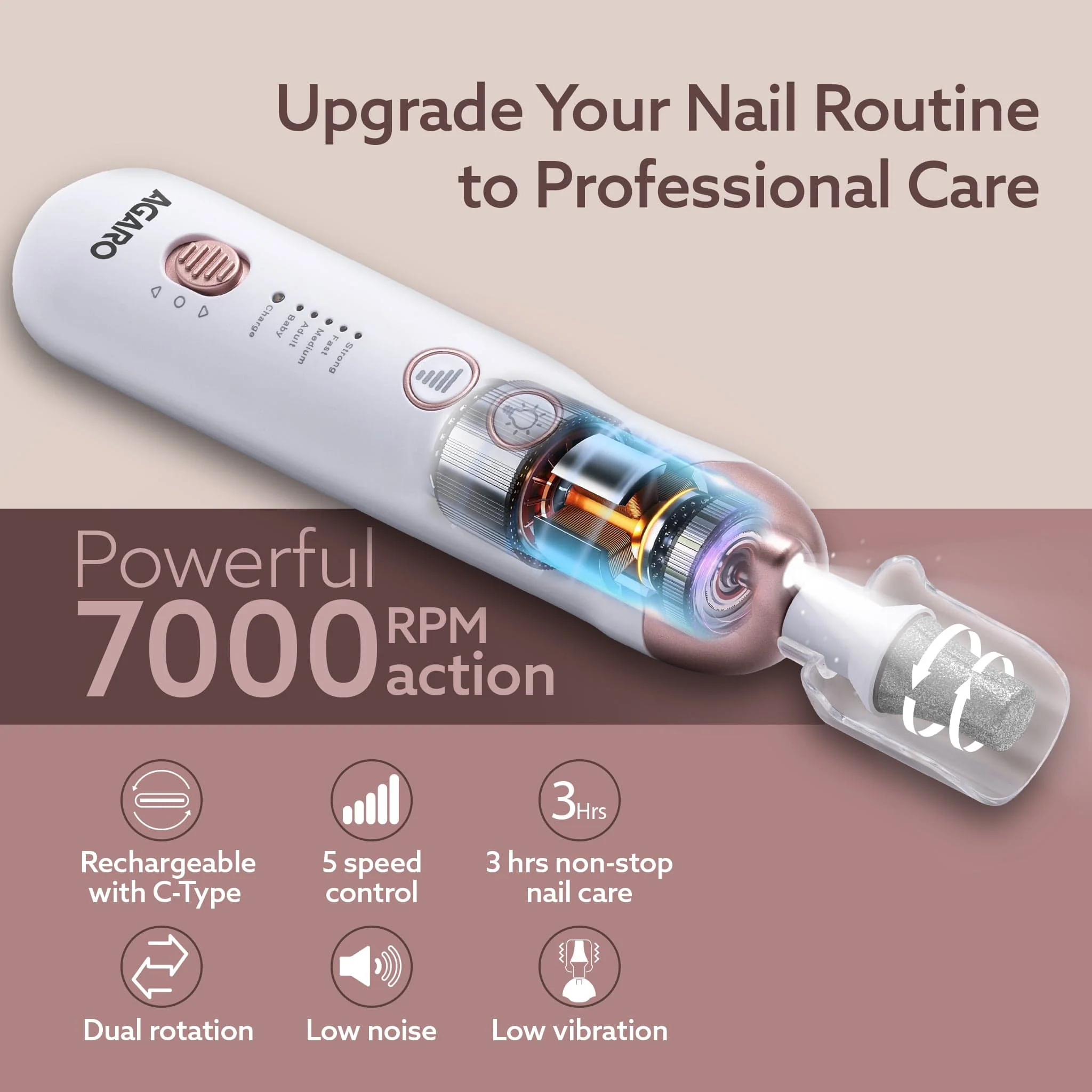 Prima Nail Drill & Polisher, Professional Nail Care at Home, Electric Nail Polisher, Manicure & Pedicure, Shape, Trim & Polish, 5 Speed, 8 Attachments, Rechargeable with Type C, Women, Men - Image 3