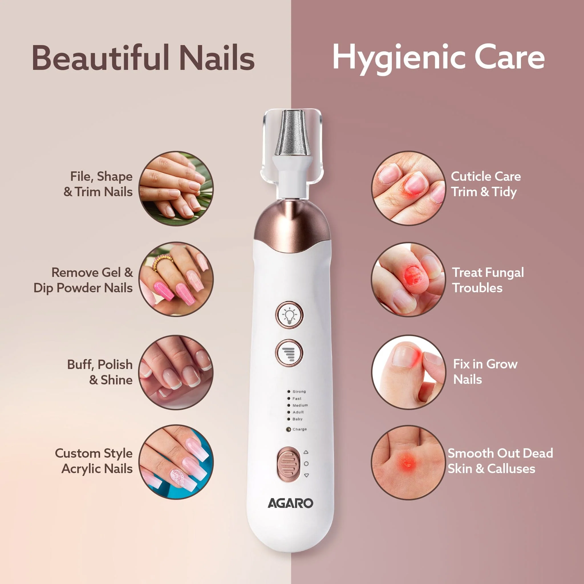 Prima Nail Drill & Polisher, Professional Nail Care at Home, Electric Nail Polisher, Manicure & Pedicure, Shape, Trim & Polish, 5 Speed, 8 Attachments, Rechargeable with Type C, Women, Men - Image 4