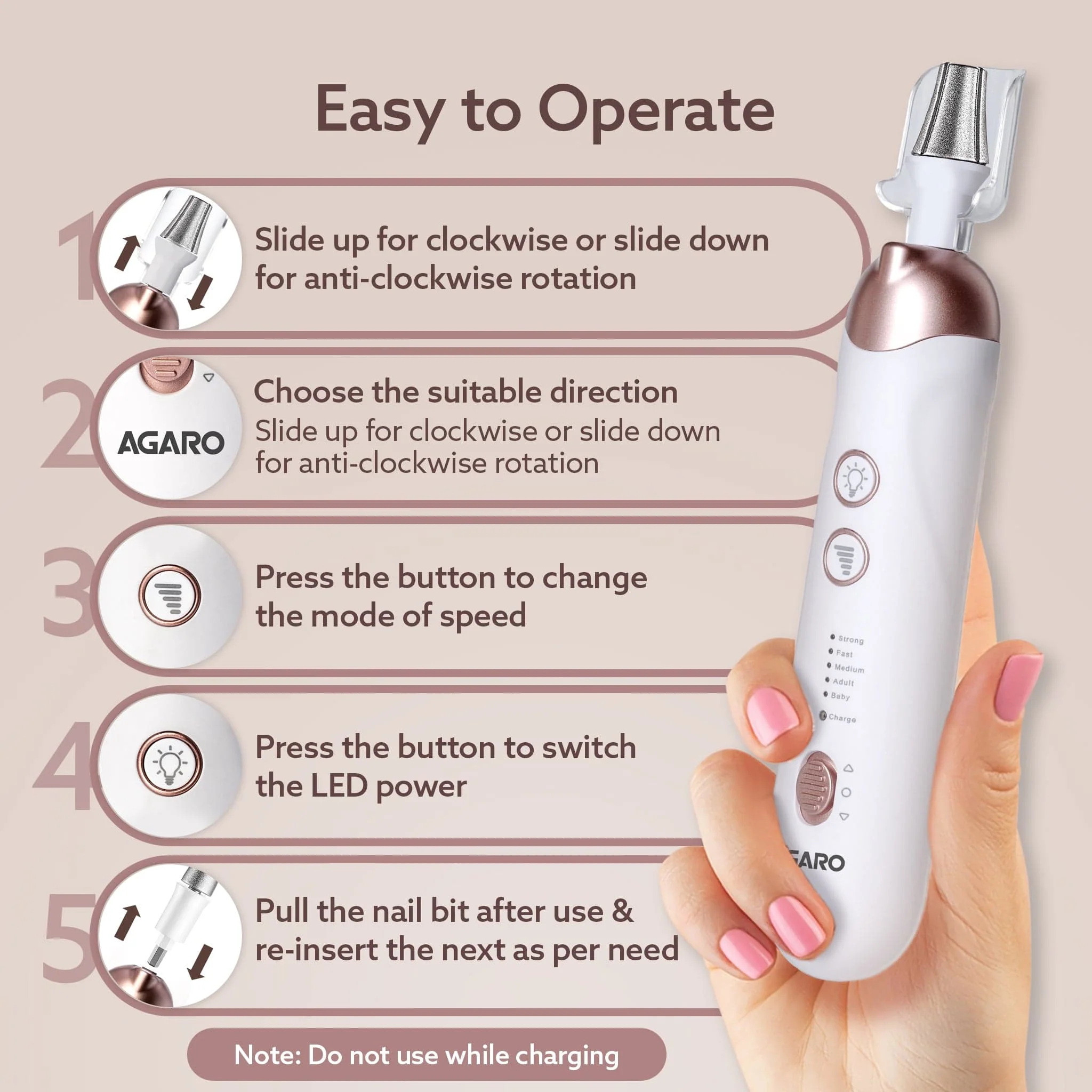 Prima Nail Drill & Polisher, Professional Nail Care at Home, Electric Nail Polisher, Manicure & Pedicure, Shape, Trim & Polish, 5 Speed, 8 Attachments, Rechargeable with Type C, Women, Men - Image 5