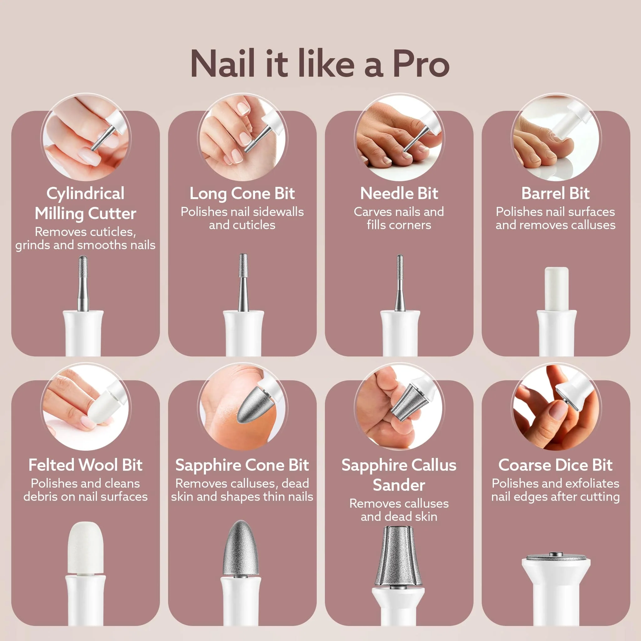 Prima Nail Drill & Polisher, Professional Nail Care at Home, Electric Nail Polisher, Manicure & Pedicure, Shape, Trim & Polish, 5 Speed, 8 Attachments, Rechargeable with Type C, Women, Men - Image 6