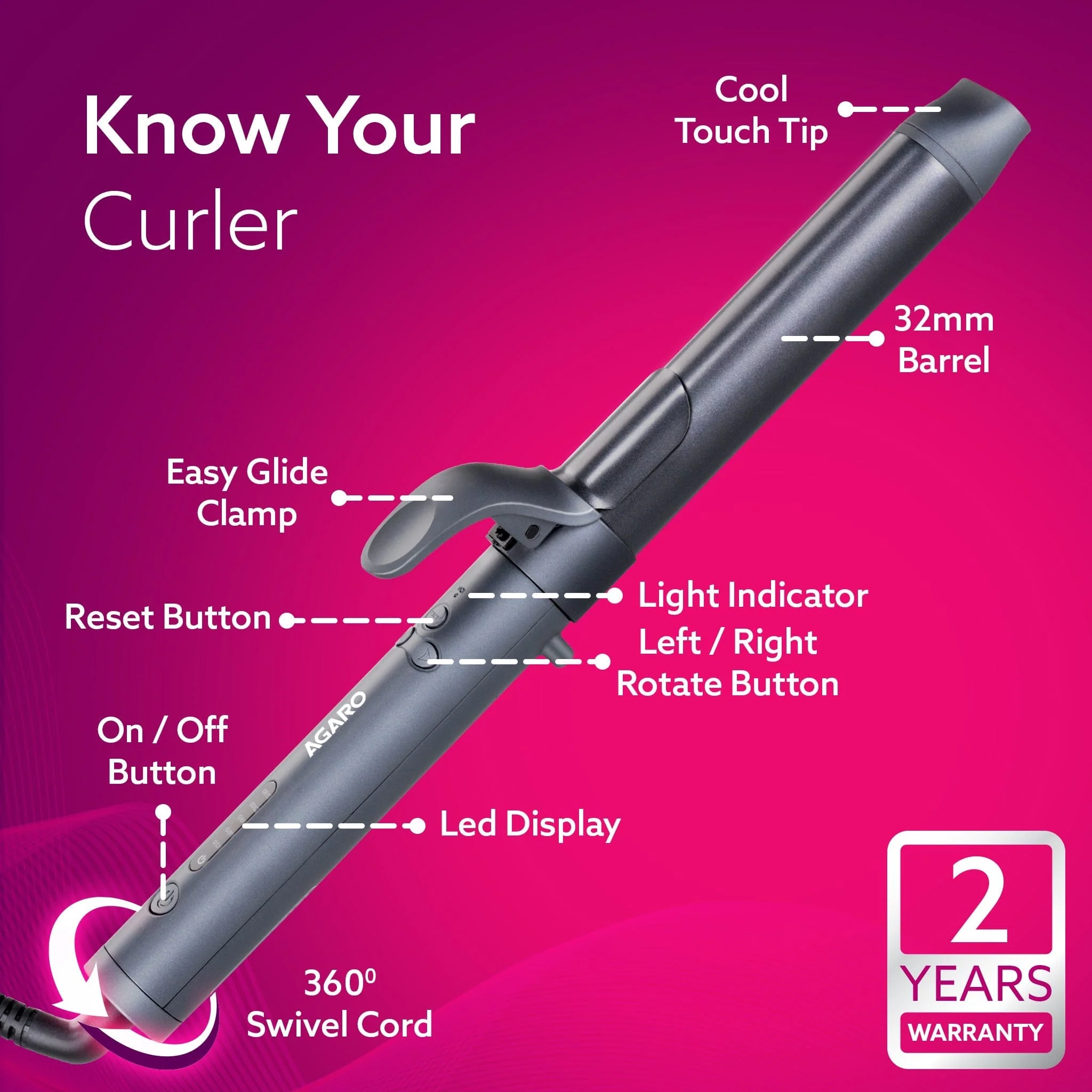Prima Rotating Hair Curler, 32 mm Ceramic coated barrel, Automatic Curling,  Fast Heating, Ceramic Coated Titanium Barrel for Long/Medium Hair, Professional Self Curling Hair Styler, For Women, Black - Image 5