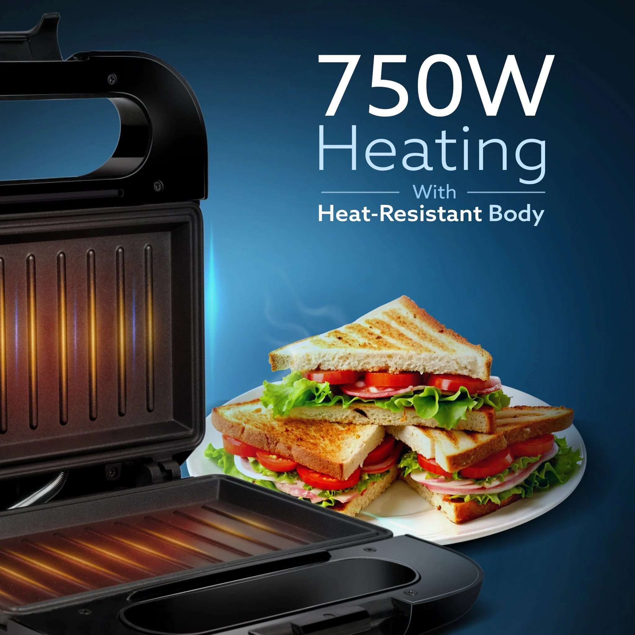 Primo Sandwich Maker, Non Stick Coated Grill Plates, 750W, 90 Degrees Openable Plate, Automatic Cut Off, LED Display, Black - Image 4