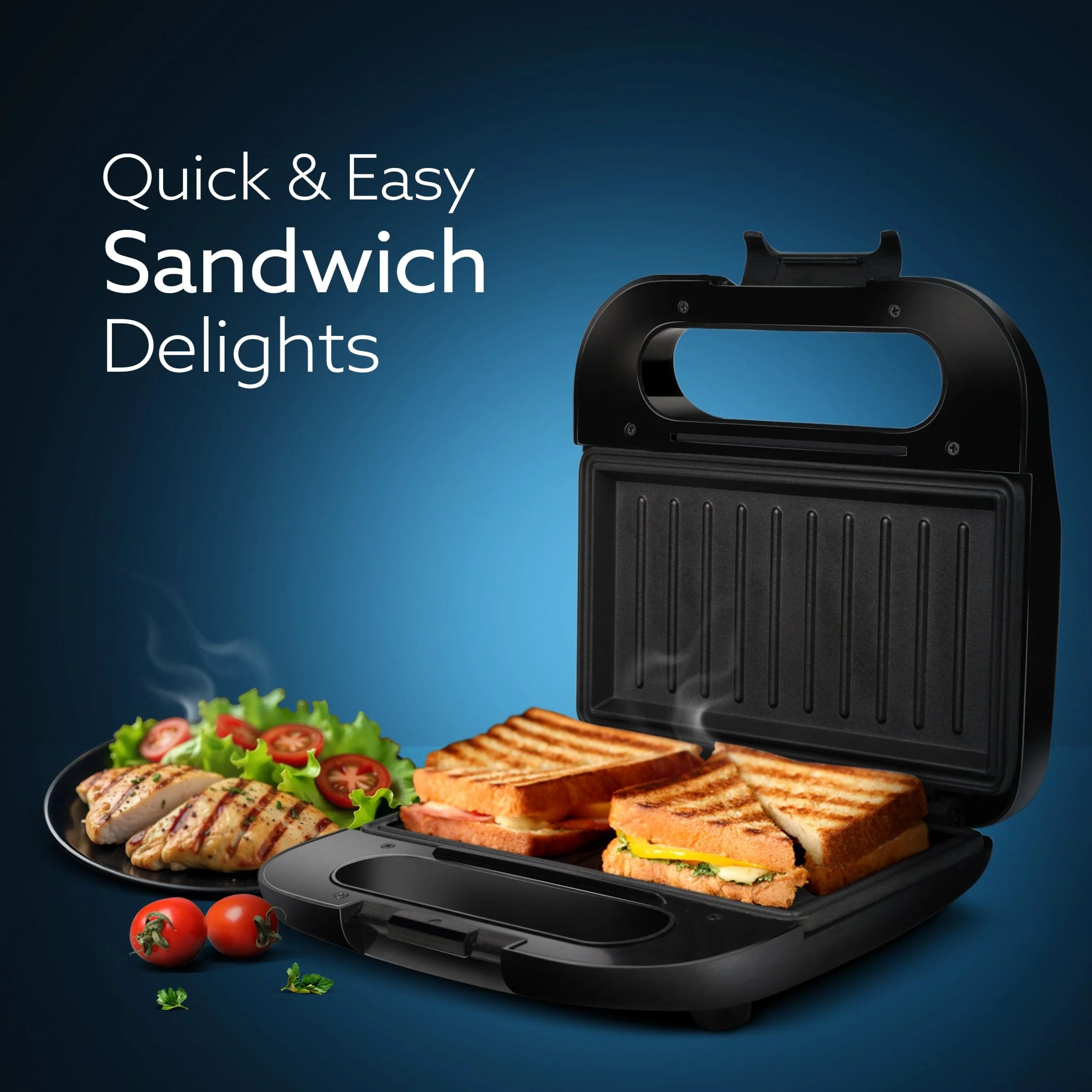 Primo Sandwich Maker, Non Stick Coated Grill Plates, 750W, 90 Degrees Openable Plate, Automatic Cut Off, LED Display, Black - Image 8