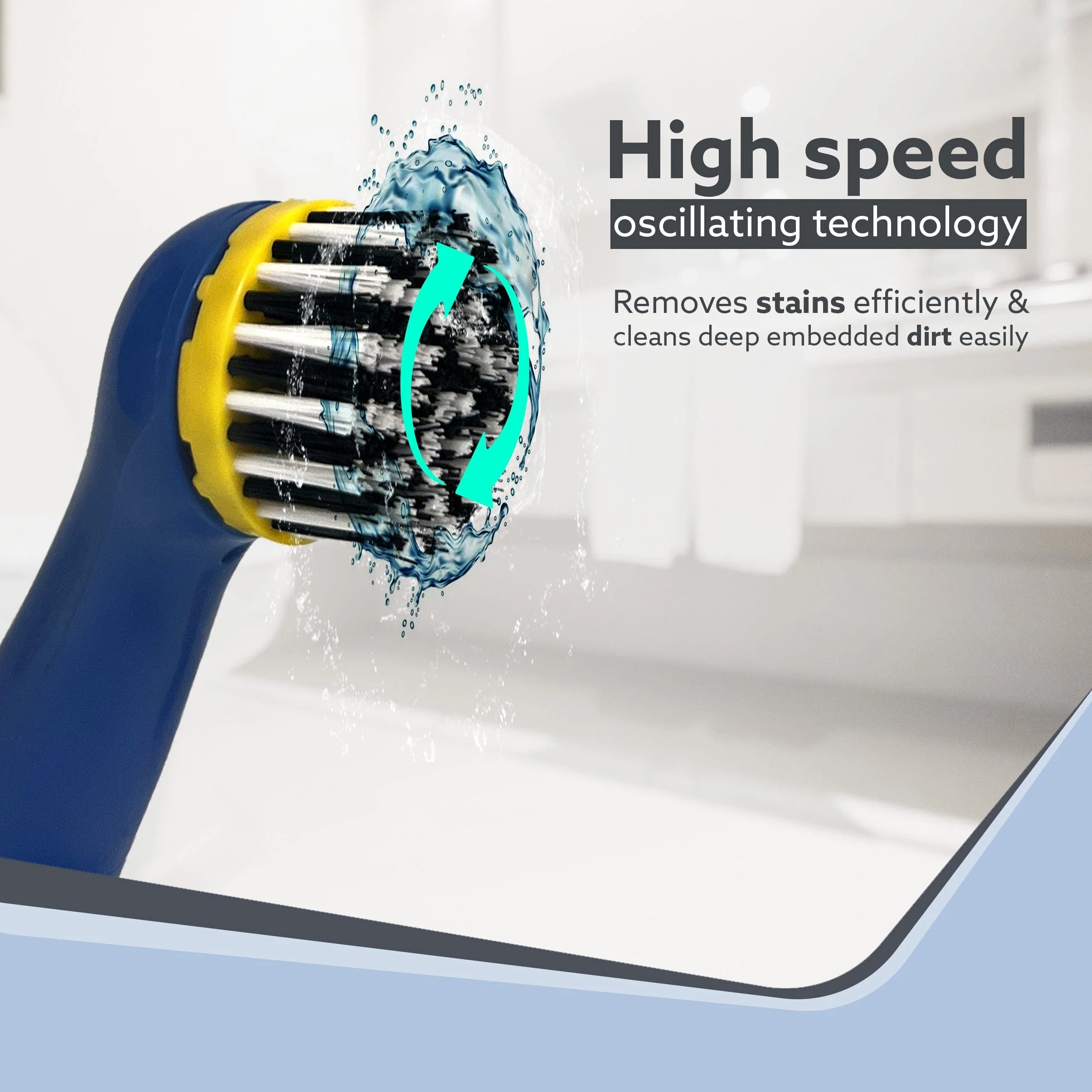 Regal Cleaning Brush for Household, Toilet, Kitchen, Bathroom Cleaning, High Speed Oscillating Technology, Long Handle, 3 Heads for Scrubbing / Removing stain, Dirt, Cordless, Blue & Yellow - Image 3
