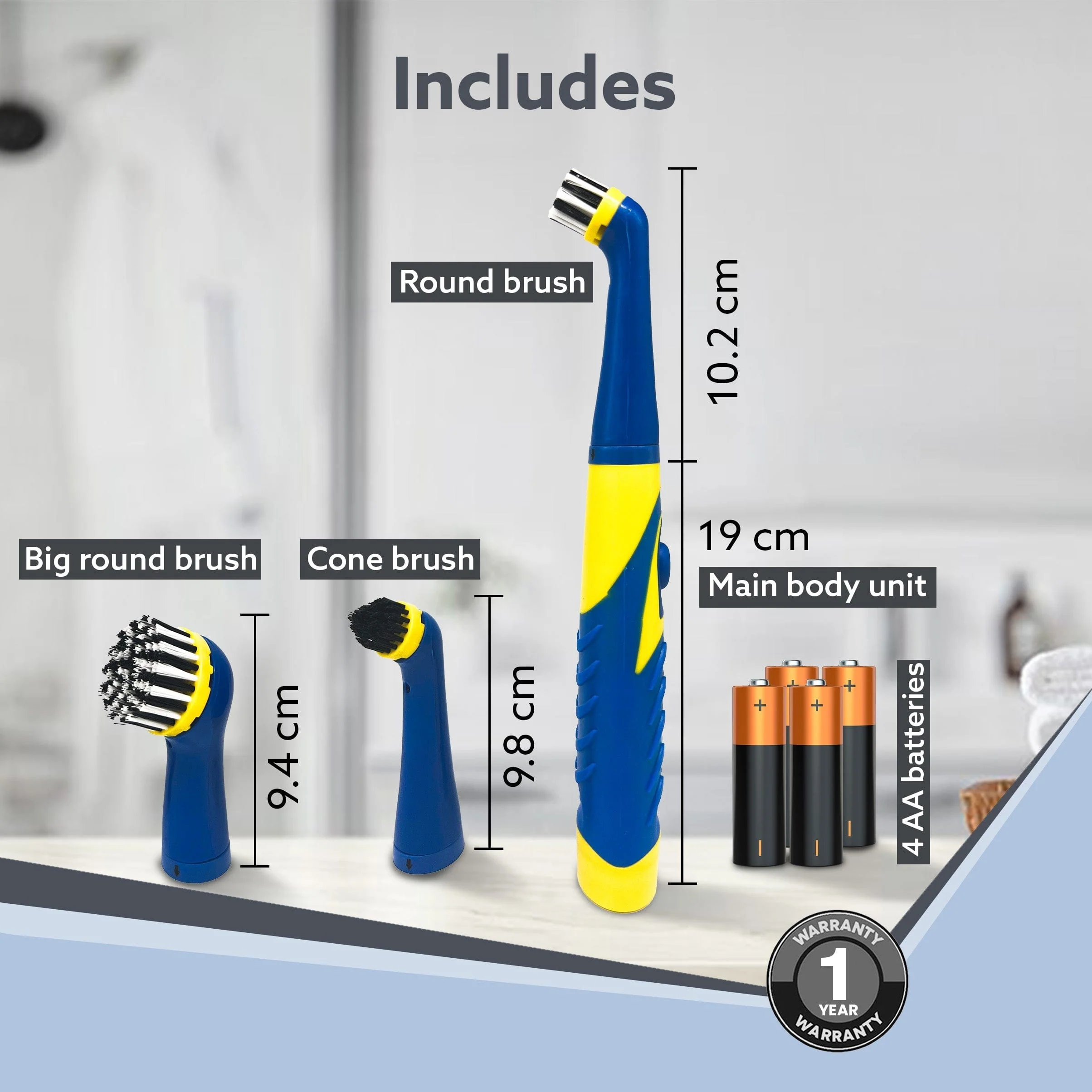 Regal Cleaning Brush for Household, Toilet, Kitchen, Bathroom Cleaning, High Speed Oscillating Technology, Long Handle, 3 Heads for Scrubbing / Removing stain, Dirt, Cordless, Blue & Yellow - Image 6