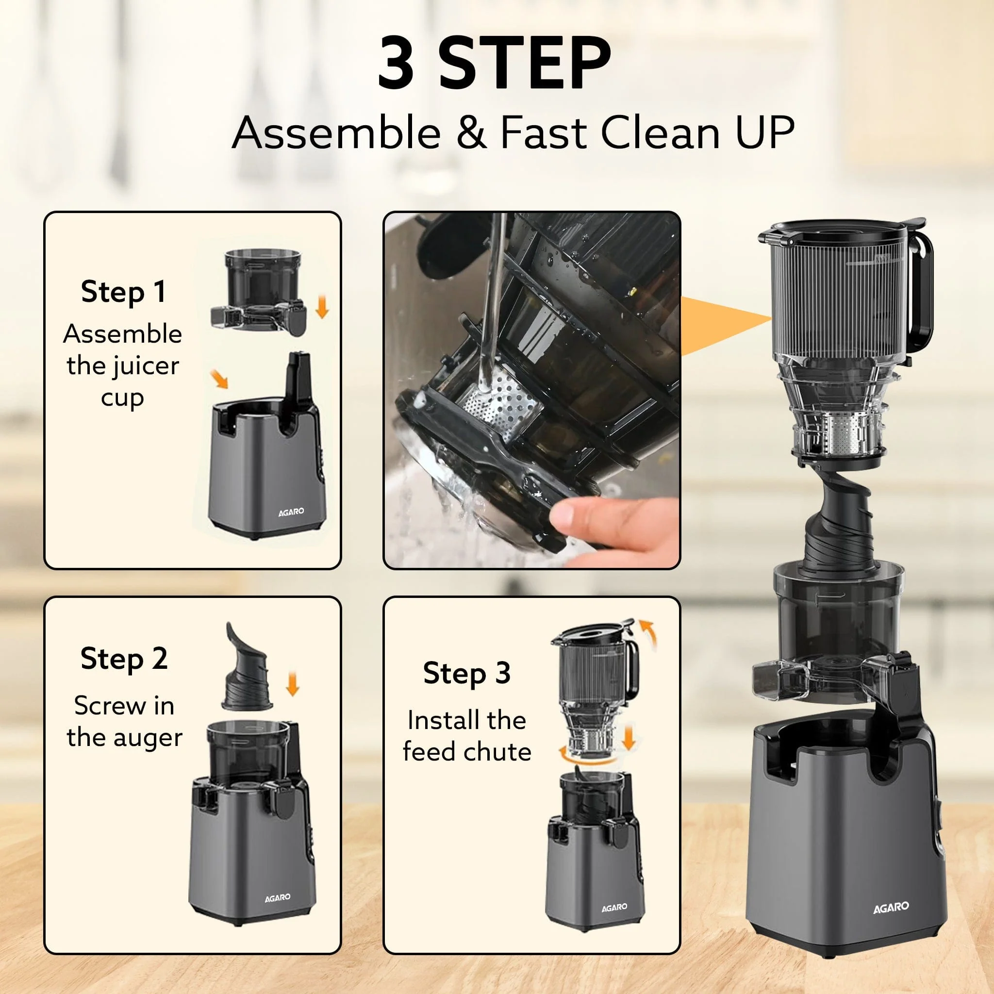 Regal Cold Press Slow Juicer, 250 Watt DC Motor, Easy Assembly & Cleaning, Auto Reverse, Advanced Safety Lock, Fruit & Vegetable Juicer & Nut Milk, Stainless Steel Filter, BPA Free Plastic - Image 9