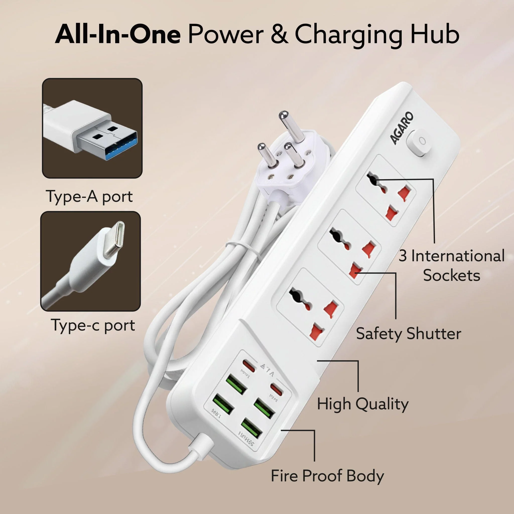 Regal Extension Board 3 Universal Sockets, 4 USB + 2 Type-C Fast Charging, 2500W - Image 2