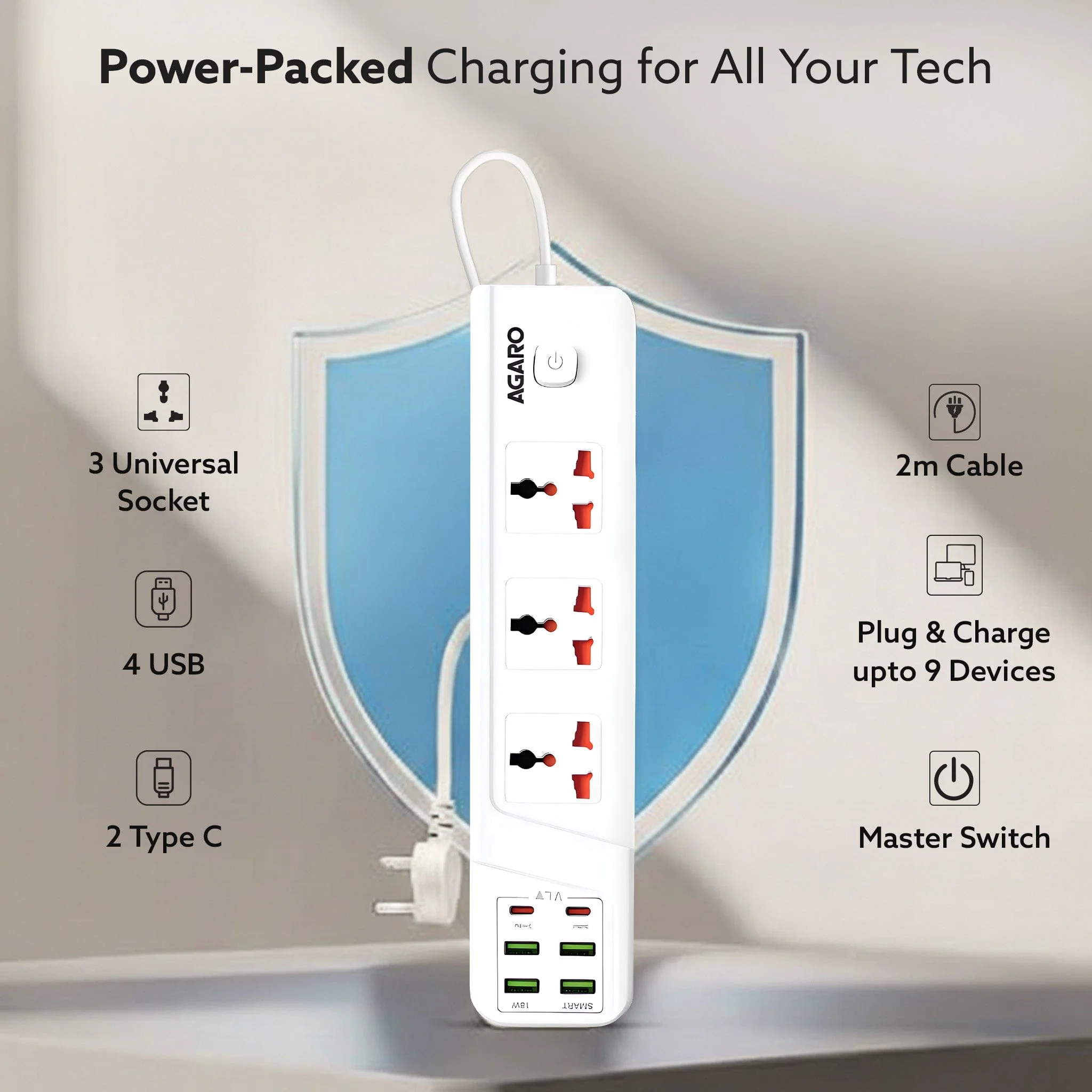 Regal Extension Board 3 Universal Sockets, 4 USB + 2 Type-C Fast Charging, 2500W - Image 3