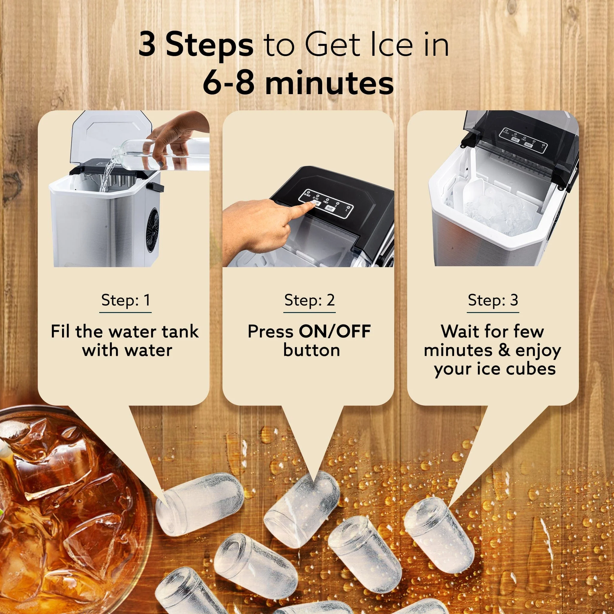 Regal Ice Maker, Compact Ice Maker, 1.2L water Tank, 9 Pcs bullet Ice Cube at a time, Stainless Steel Body - Image 5