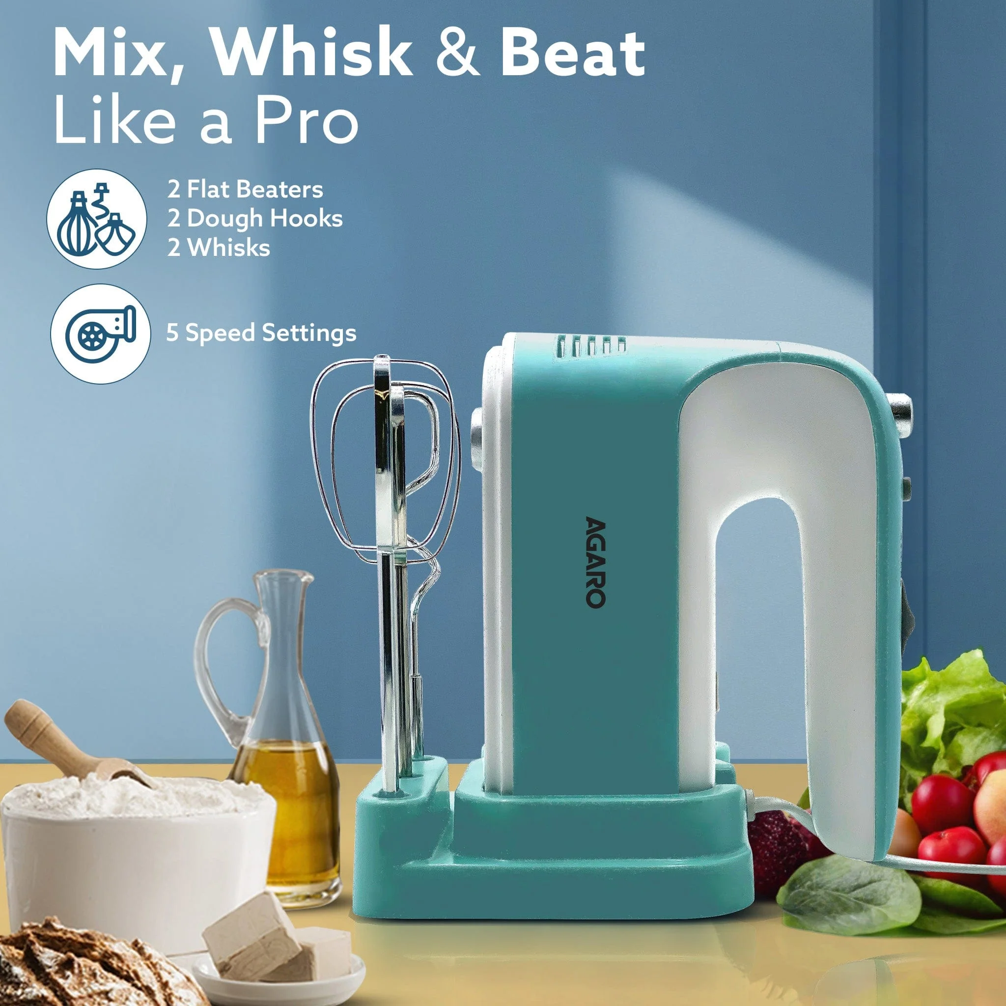 Regency Hand Mixer, Hand Mixer Blender, Detachable Beaters & Whisker/Dough Hooks, 300W, 5 Speed Settings - Image 2