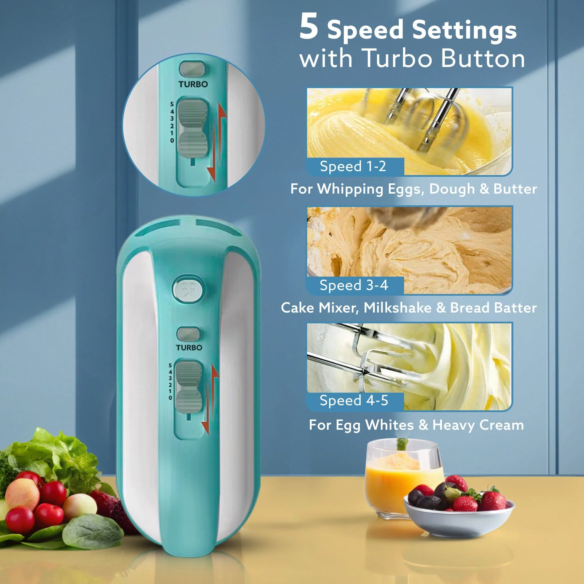 Regency Hand Mixer, Hand Mixer Blender, Detachable Beaters & Whisker/Dough Hooks, 300W, 5 Speed Settings - Image 4