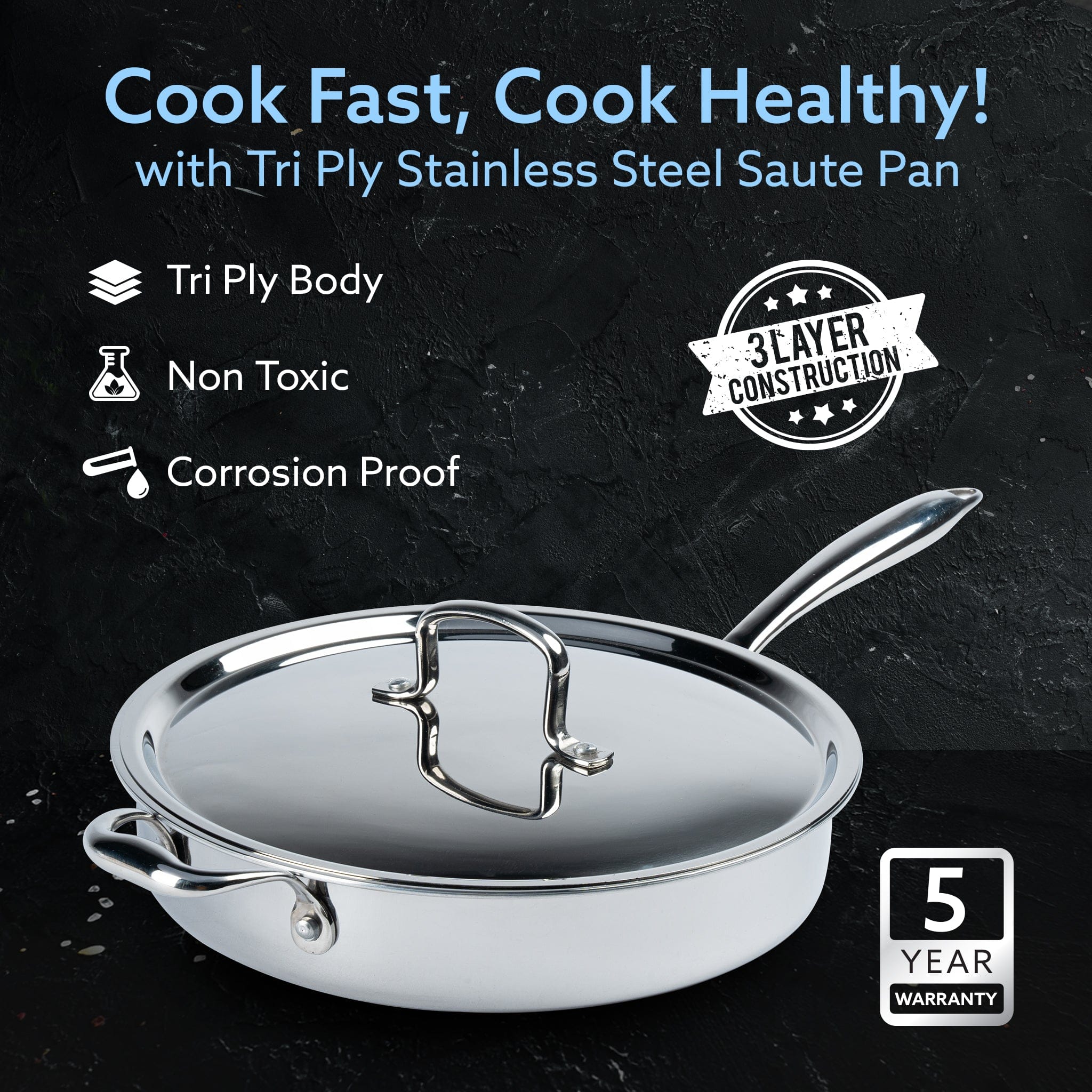 Regency Triply Saute Pan 2.5L with Lid, 26 cm, Rivetted & Stay Cool Handle, Fast Heat Absorb & Retain, Food Safe, Durable, Curry, Stir-Fry, Deep Fry, Saute, Non Toxic, 5 Year Warranty, 2.5 mm - Image 2