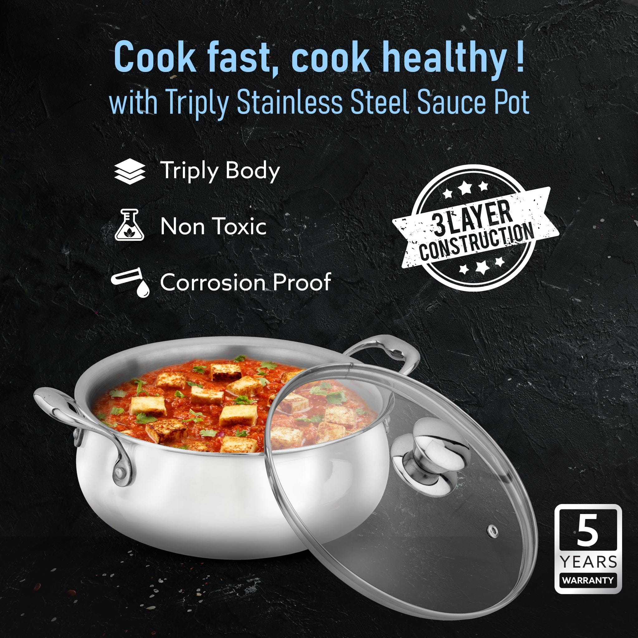 Regency Triply Stainless Steel Saucepot 3.5 Liter with Glass Lid, 2.5 mm Thick Body, Induction & Gas Compatible, Rivetted Handle - Image 2