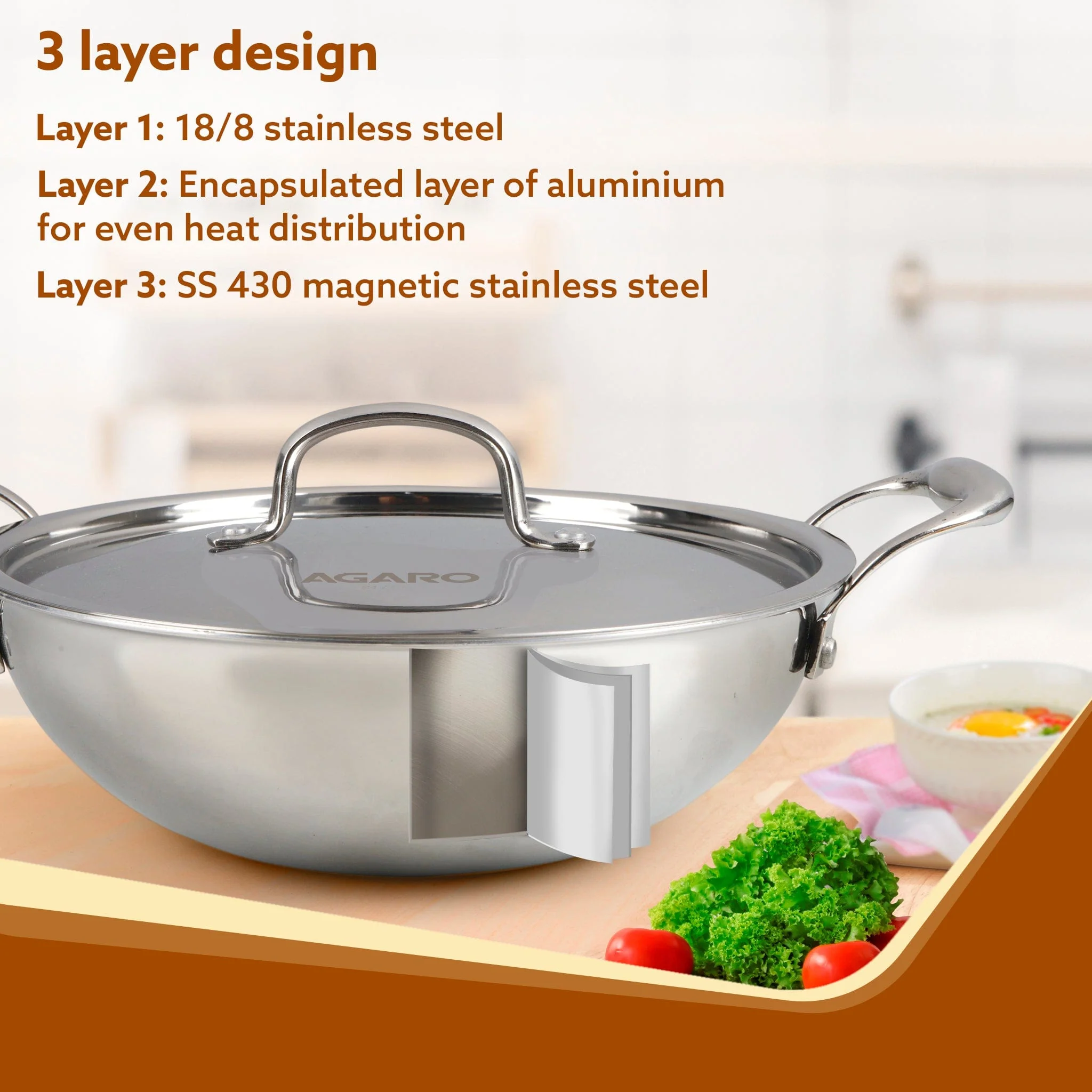 Regency Tri-Ply Steel Kadai, 2.25L Capacity, 24 cm Diameter, Stainless Steel, Riveted  Handle, Food Safe, Gas Oven and Induction Oven Compatible, Cooking, Frying, Serving, Silver - Image 3