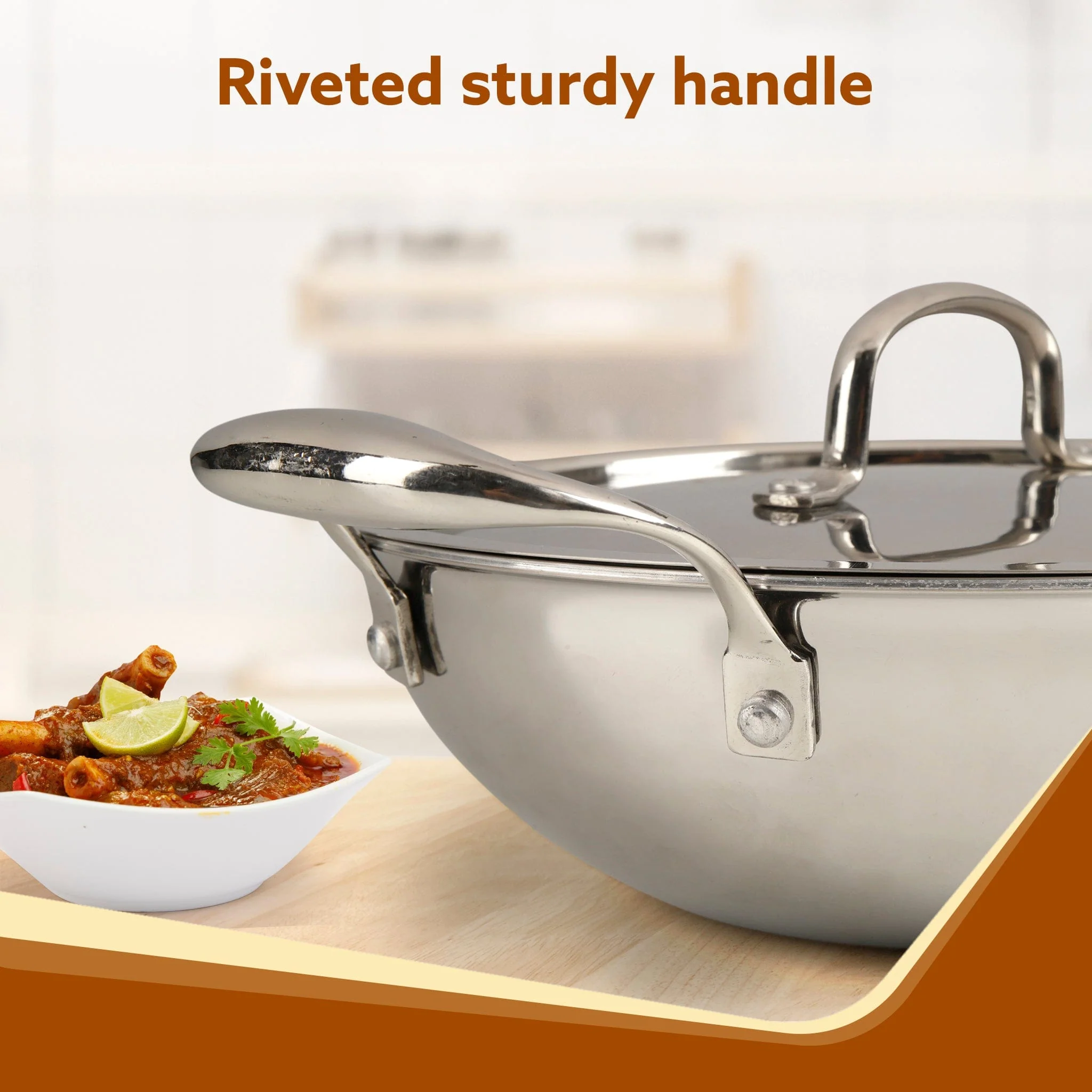 Regency Tri-Ply Steel Kadai, 2.25L Capacity, 24 cm Diameter, Stainless Steel, Riveted  Handle, Food Safe, Gas Oven and Induction Oven Compatible, Cooking, Frying, Serving, Silver - Image 4