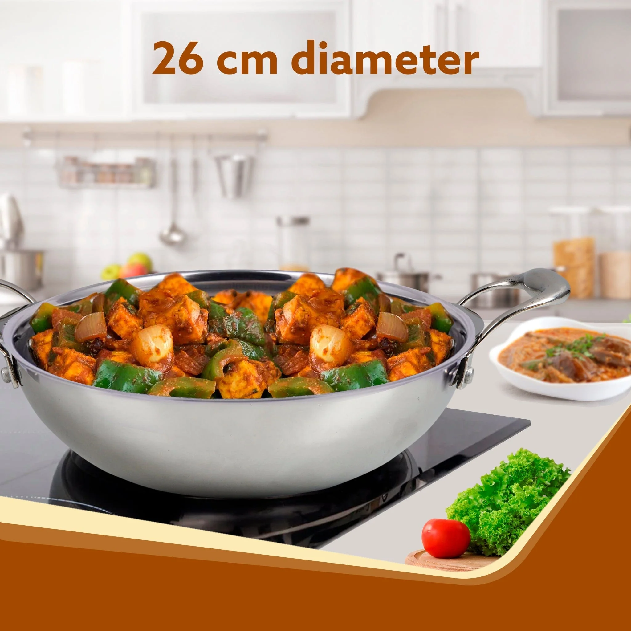 Regency Tri-Ply Steel Kadai, 2.75L Capacity, 26 cm Diameter, Stainless Steel, Riveted  Handle, Food Safe, Gas Oven and Induction Oven Compatible, Cooking, Frying, Serving, Silver - Image 2