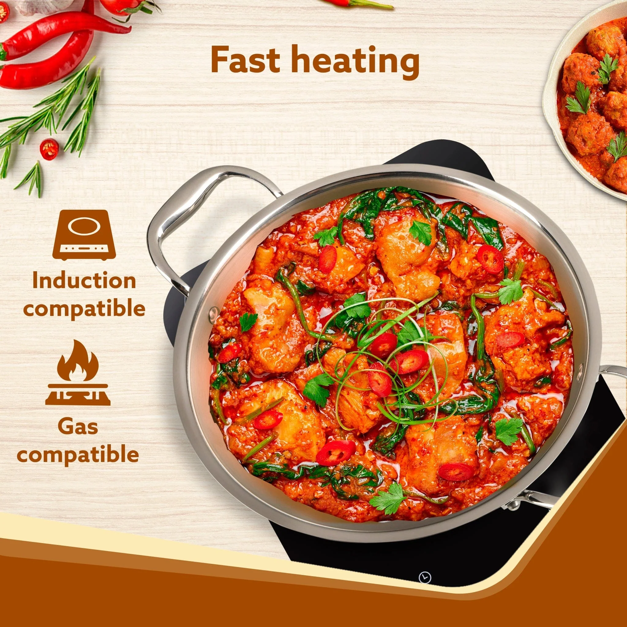Regency Tri-Ply Steel Kadai, 2.75L Capacity, 26 cm Diameter, Stainless Steel, Riveted  Handle, Food Safe, Gas Oven and Induction Oven Compatible, Cooking, Frying, Serving, Silver - Image 5