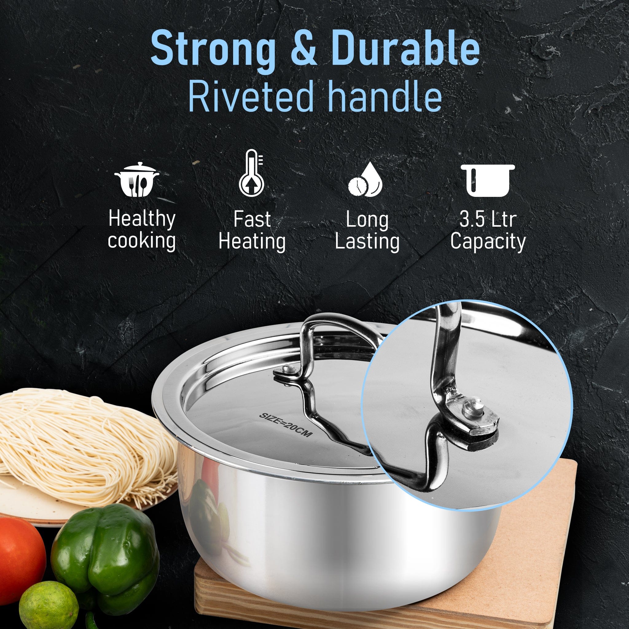 Regency Triply Tope 3.5L with Stainless Steel Lid, 2.5mm Thick Body, Rivetted Handle, Induction & Gas Compatible, Patila, Bhagona, Tapeli, 3 Layered Kitchen Induction Cookware, 20 Cm, Silver - Image 6