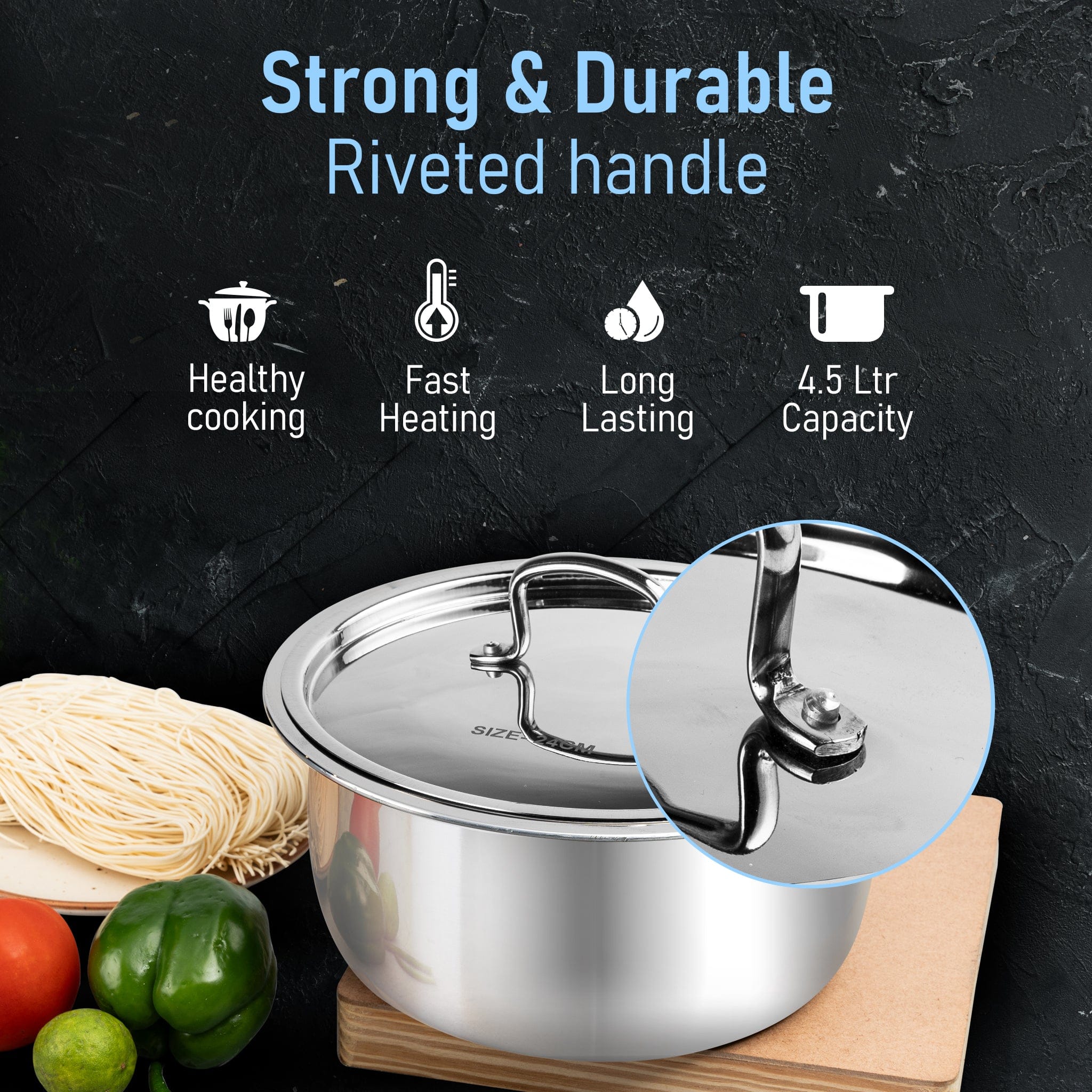Regency Triply Tope 4.5L with Stainless Steel Lid, 2.5mm Thick Body, Rivetted Handle, Induction & Gas Compatible, Patila, Bhagona, Tapeli, 3 Layered Kitchen Induction Cookware, 24 Cm, Silver - Image 6