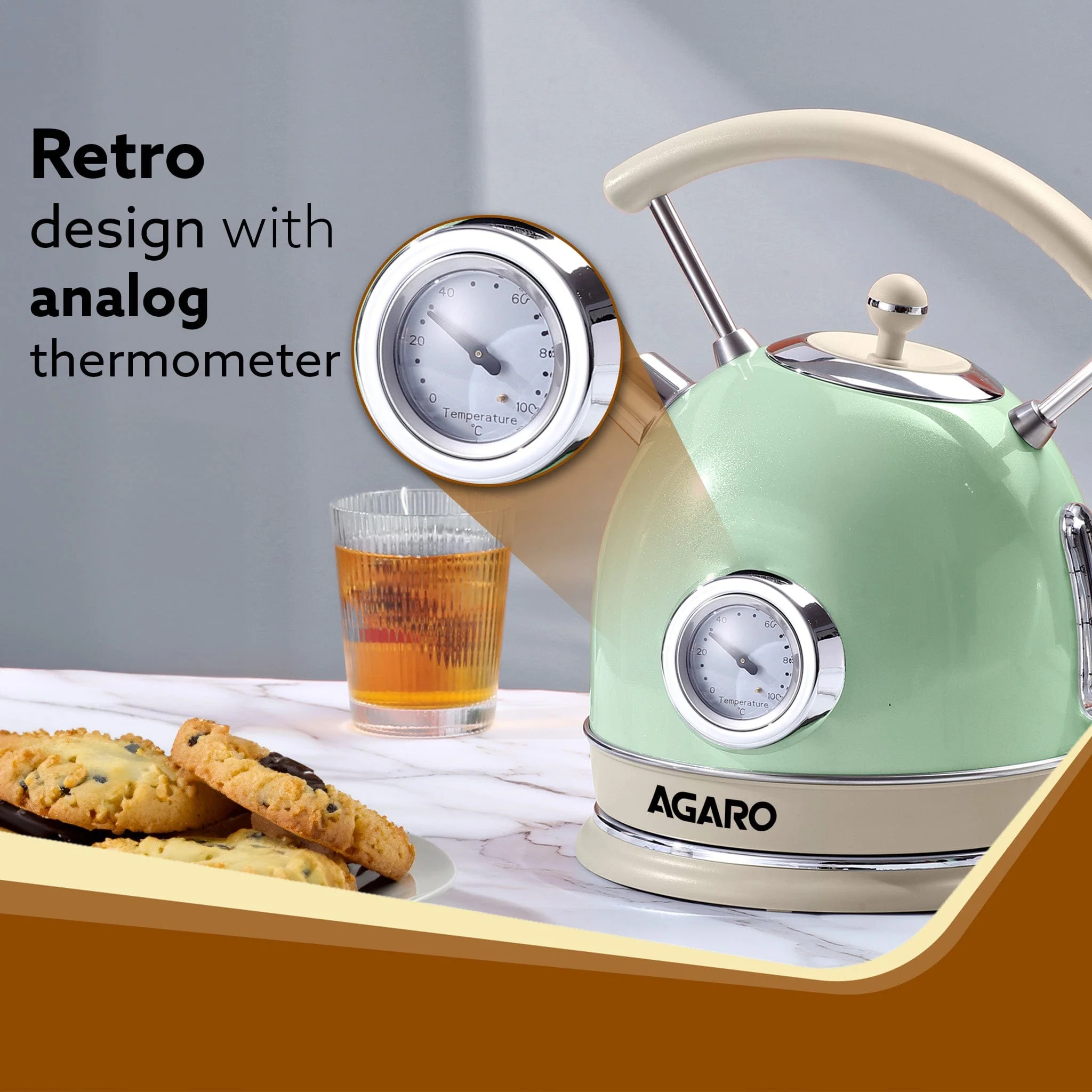 Regency Vintage Kettle 1.8L with Temperature Gauge, Hot Water Boiler & Tea Heater with Curved Handle, Visible Water Level Line, Led Light, Auto Shut-Off & Boil-Dry Protection, Green - Image 3