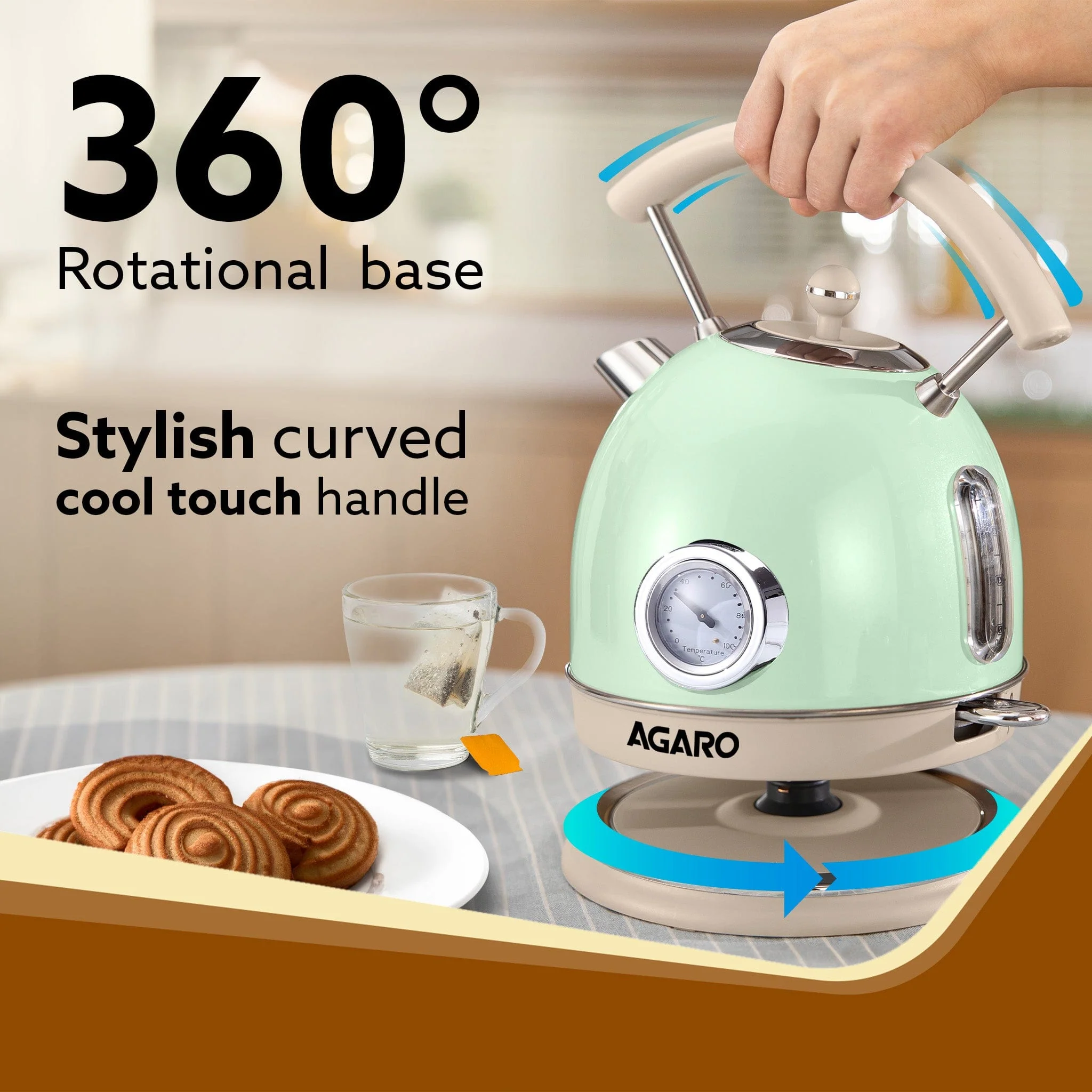 Regency Vintage Kettle 1.8L with Temperature Gauge, Hot Water Boiler & Tea Heater with Curved Handle, Visible Water Level Line, Led Light, Auto Shut-Off & Boil-Dry Protection, Green - Image 4