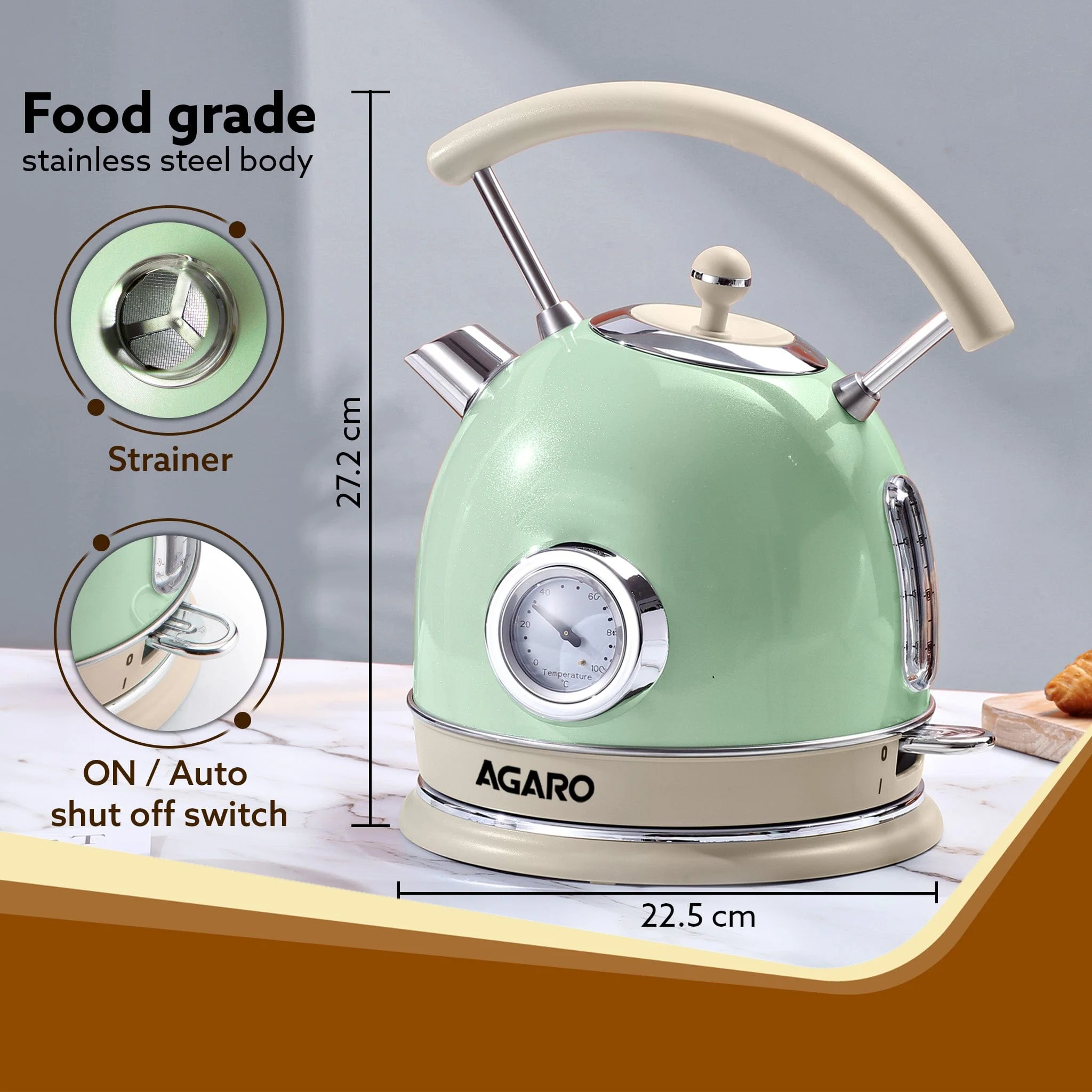 Regency Vintage Kettle 1.8L with Temperature Gauge, Hot Water Boiler & Tea Heater with Curved Handle, Visible Water Level Line, Led Light, Auto Shut-Off & Boil-Dry Protection, Green - Image 6