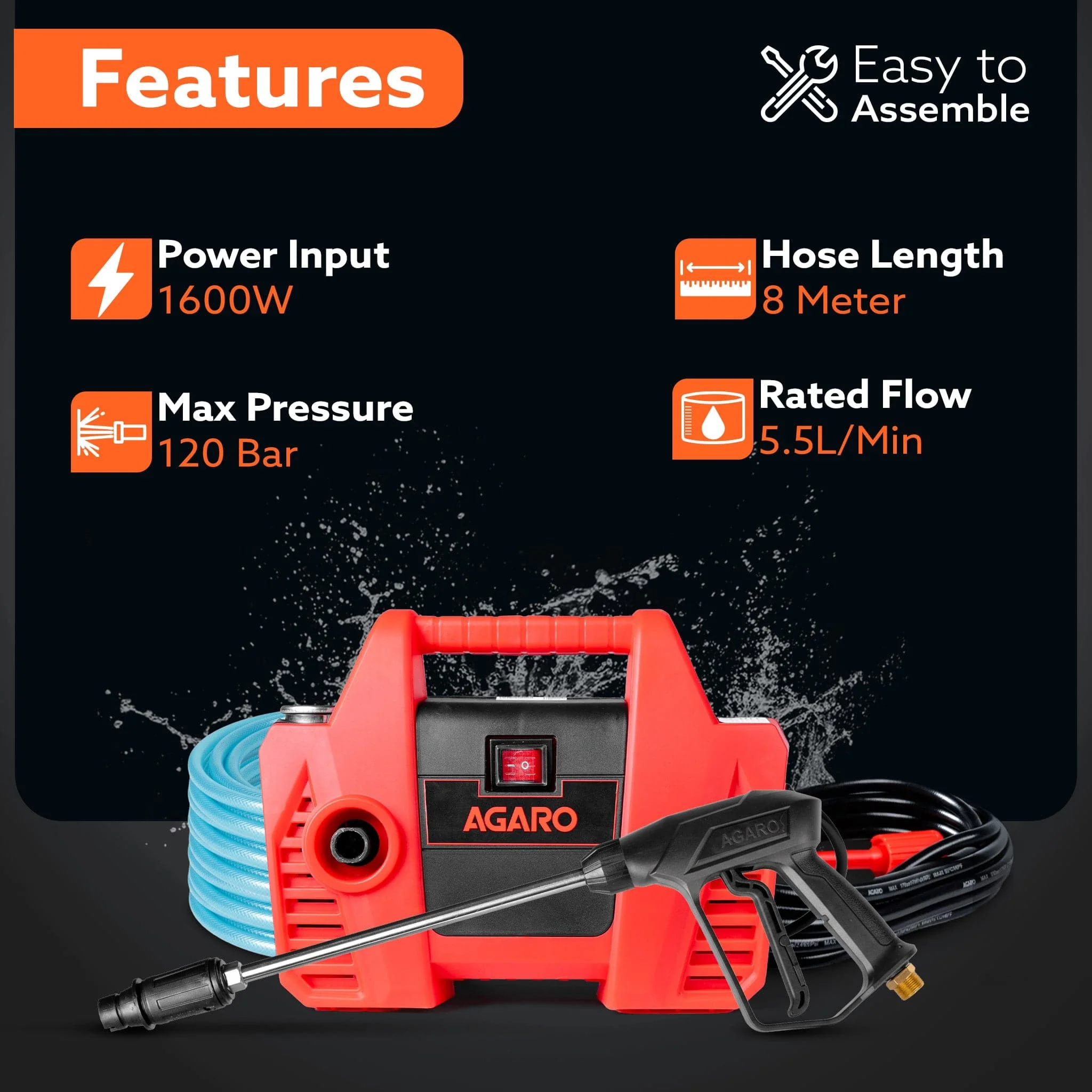 Regent High Pressure Washer | 1600W Motor | 120 Bar Max Pressure | 5.5 L/Min Flow Rate | Portable Electric Washer for Car, Bike, Walkways & Home Cleaning | 8M Outlet Hose Pipe Included - Image 3