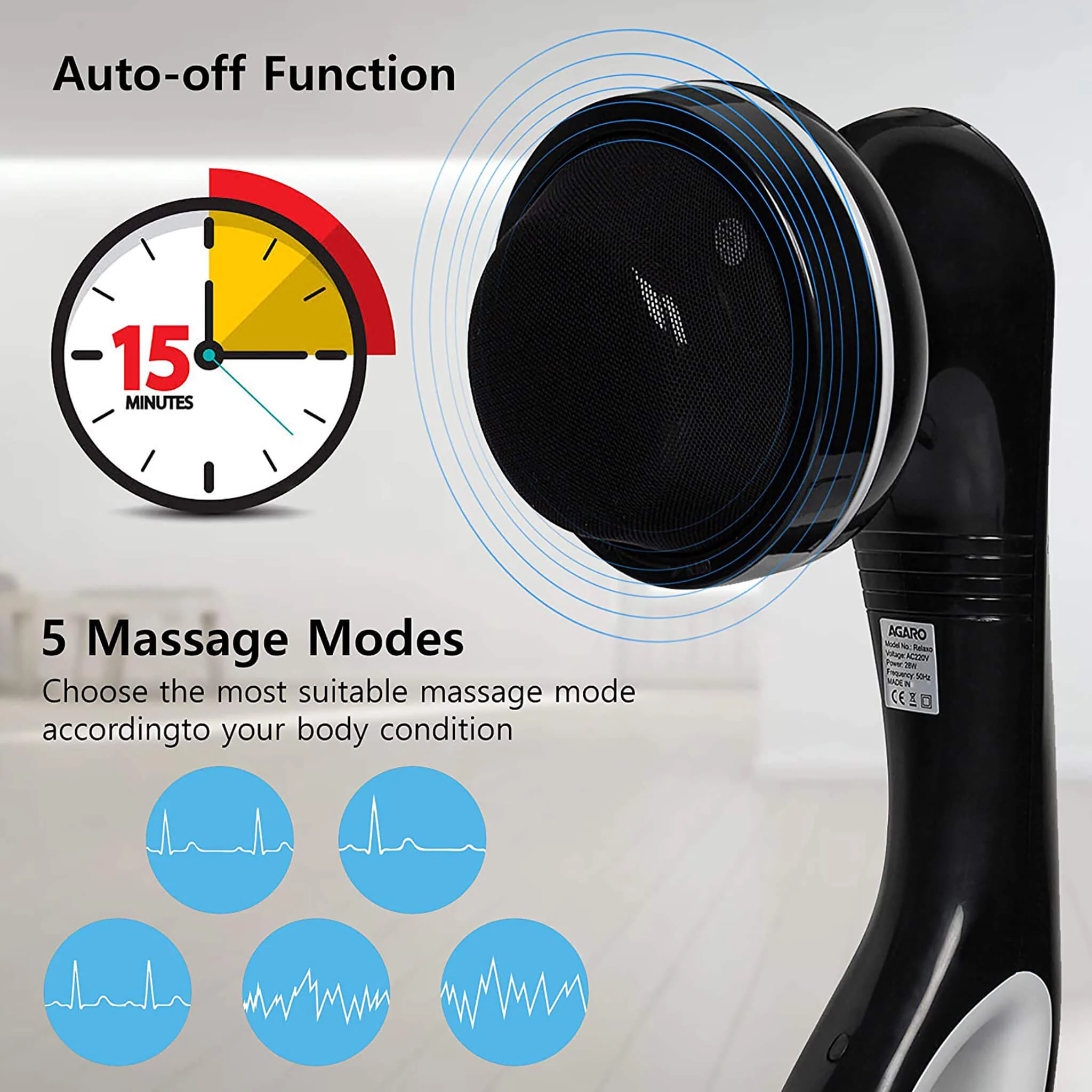 Relaxo Electric Handheld Full Body Massager with 8 Massage Heads, 5 Mode & 6 Speed Settings for Pain Relief & Relaxation - Image 3