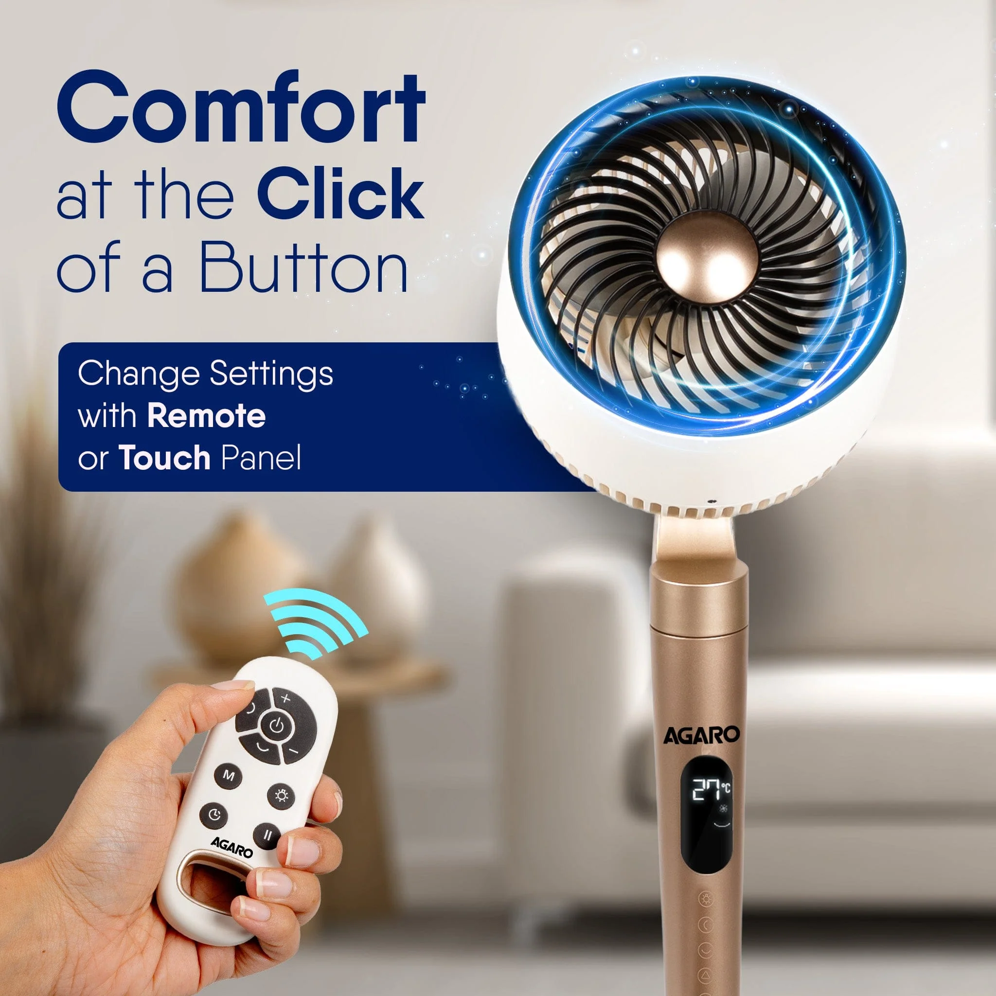 Royal 3D Air Circulation Tower Fan with Mood Lamp, Ultra-Quiet BLDC Standing Fan for Home & Office Use, Touch & Remote Control, 12 Wind Speed, 5 Modes, 90˚ Horizontal & 90˚ Vertical Oscillation - Image 10