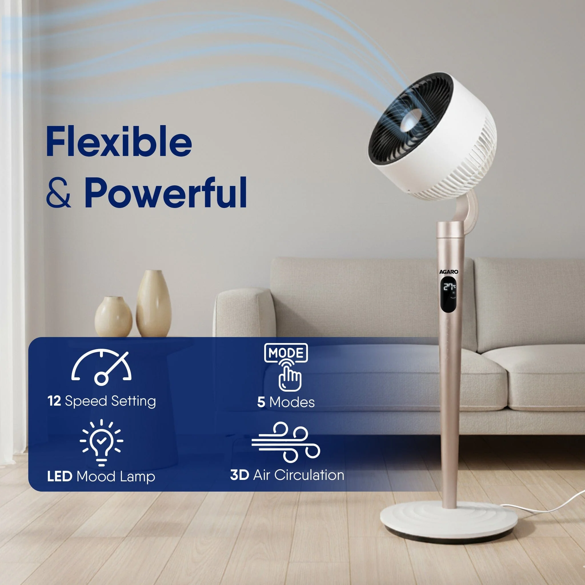 Royal 3D Air Circulation Tower Fan with Mood Lamp, Ultra-Quiet BLDC Standing Fan for Home & Office Use, Touch & Remote Control, 12 Wind Speed, 5 Modes, 90˚ Horizontal & 90˚ Vertical Oscillation - Image 2