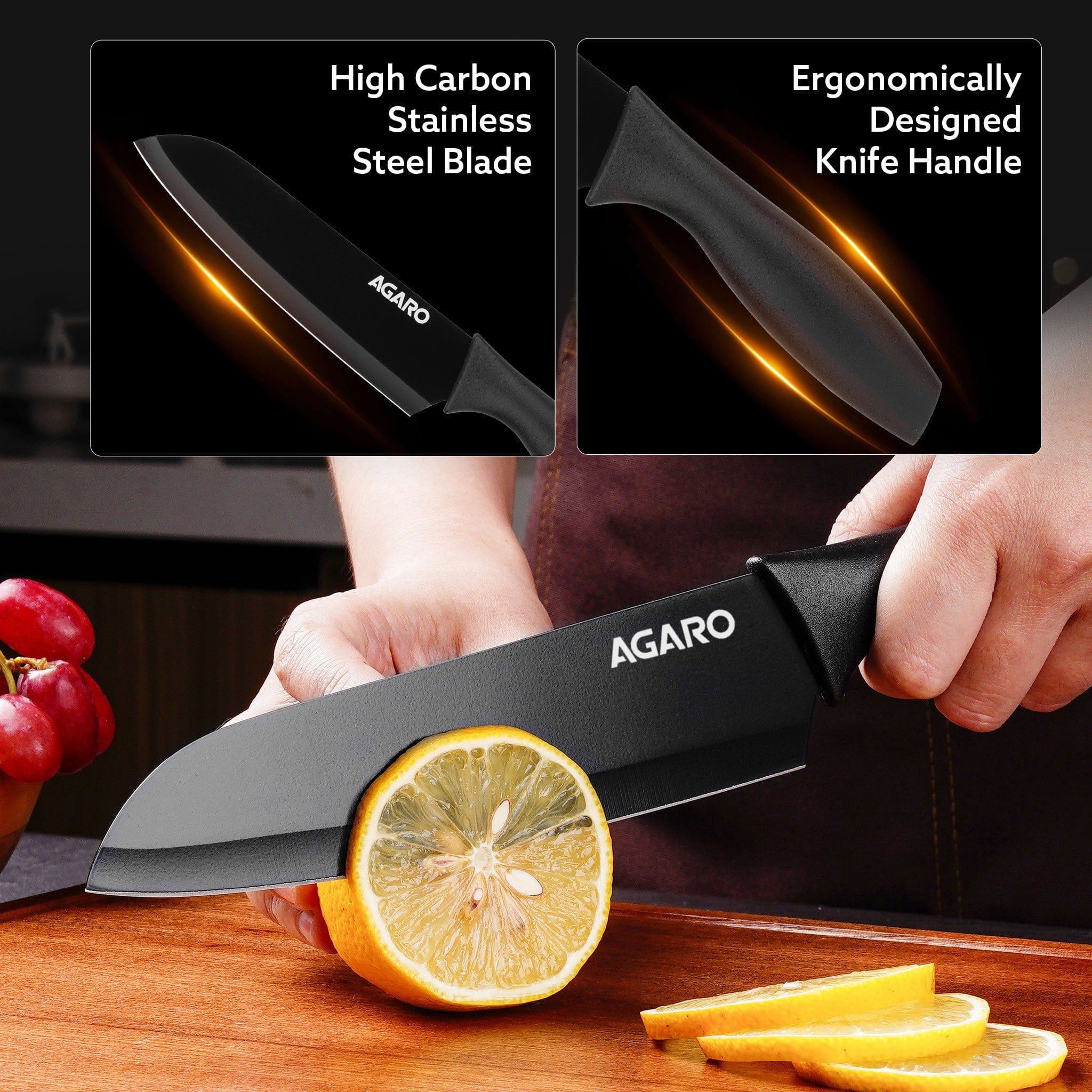 Royal 3in1 Kitchen Knife Set, Stainless Steel 3 Piece Set, Sharp Blades with Ergonomic Handle for Home Kitchen and Restaurant, Black - Image 6